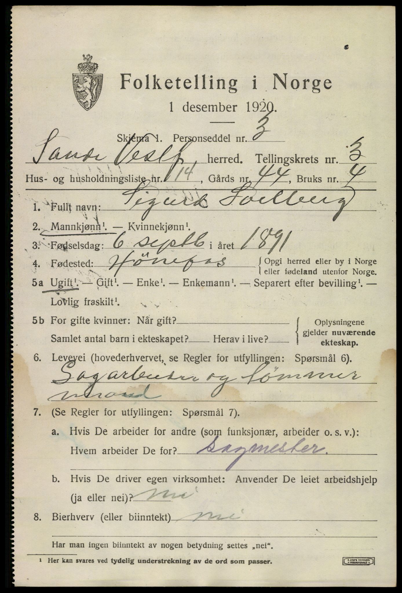 SAKO, 1920 census for Sande, 1920, p. 4234