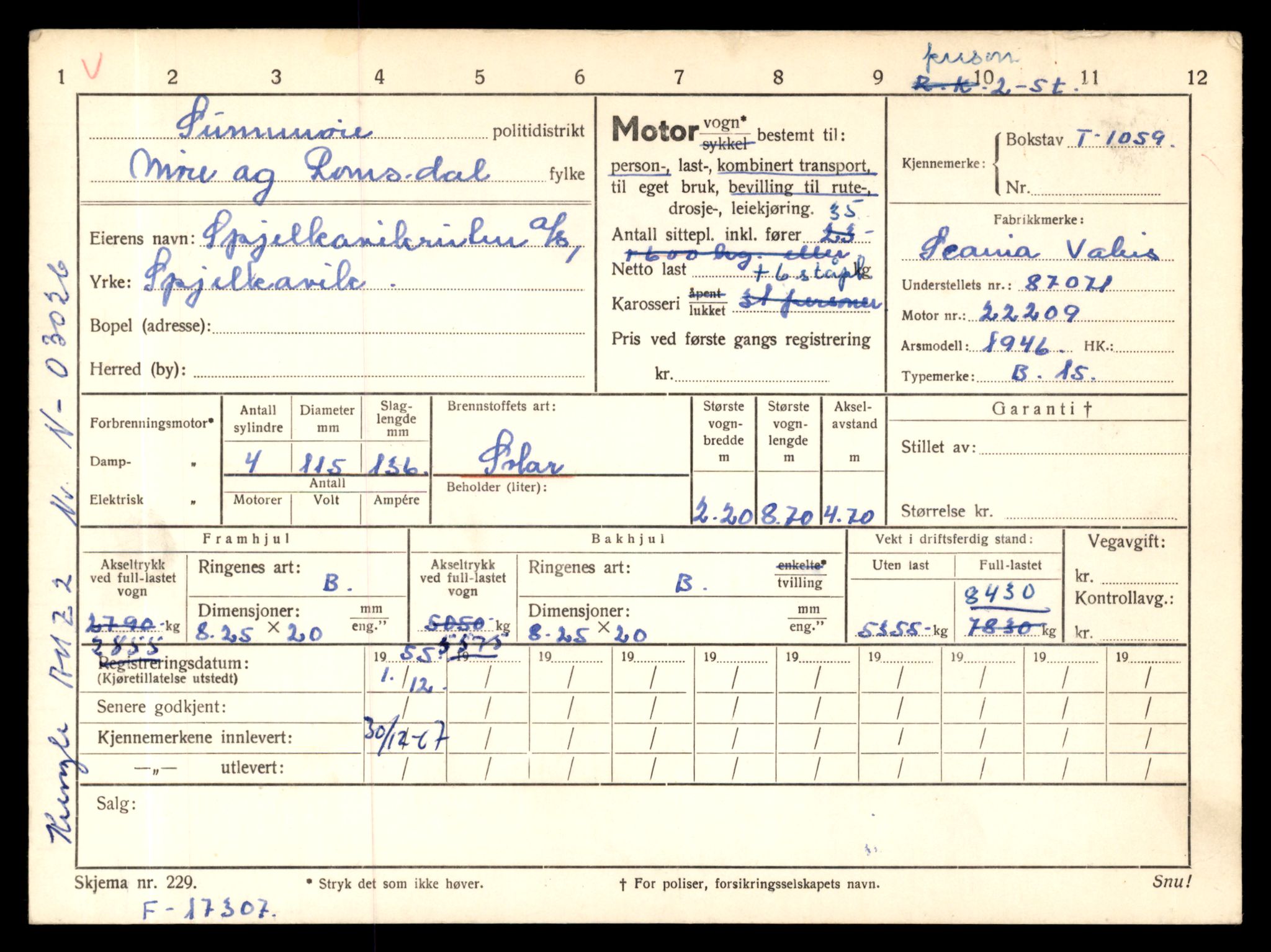 Møre og Romsdal vegkontor - Ålesund trafikkstasjon, AV/SAT-A-4099/F/Fe/L0010: Registreringskort for kjøretøy T 1050 - T 1169, 1927-1998, p. 256