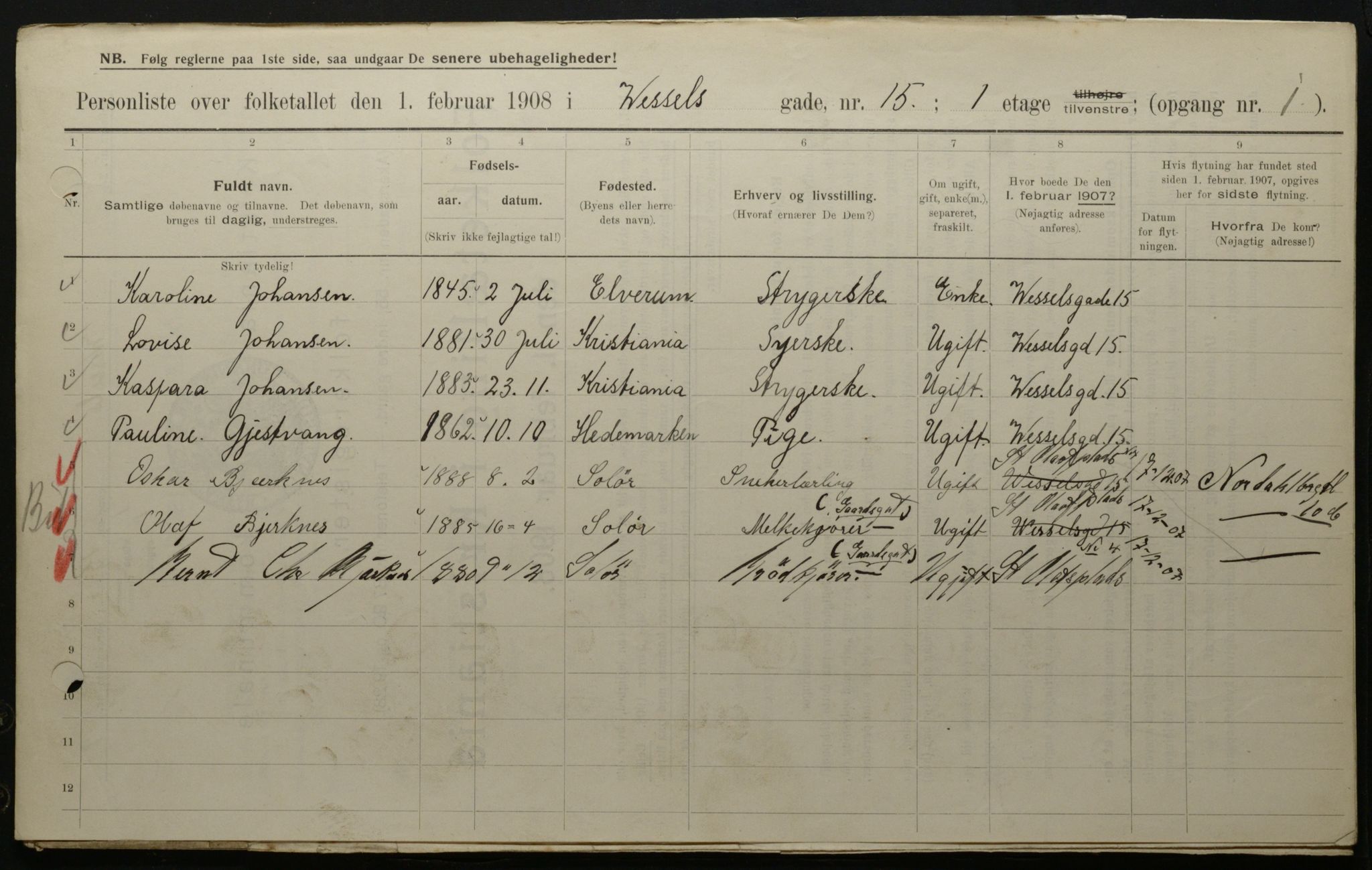 OBA, Municipal Census 1908 for Kristiania, 1908, p. 115072