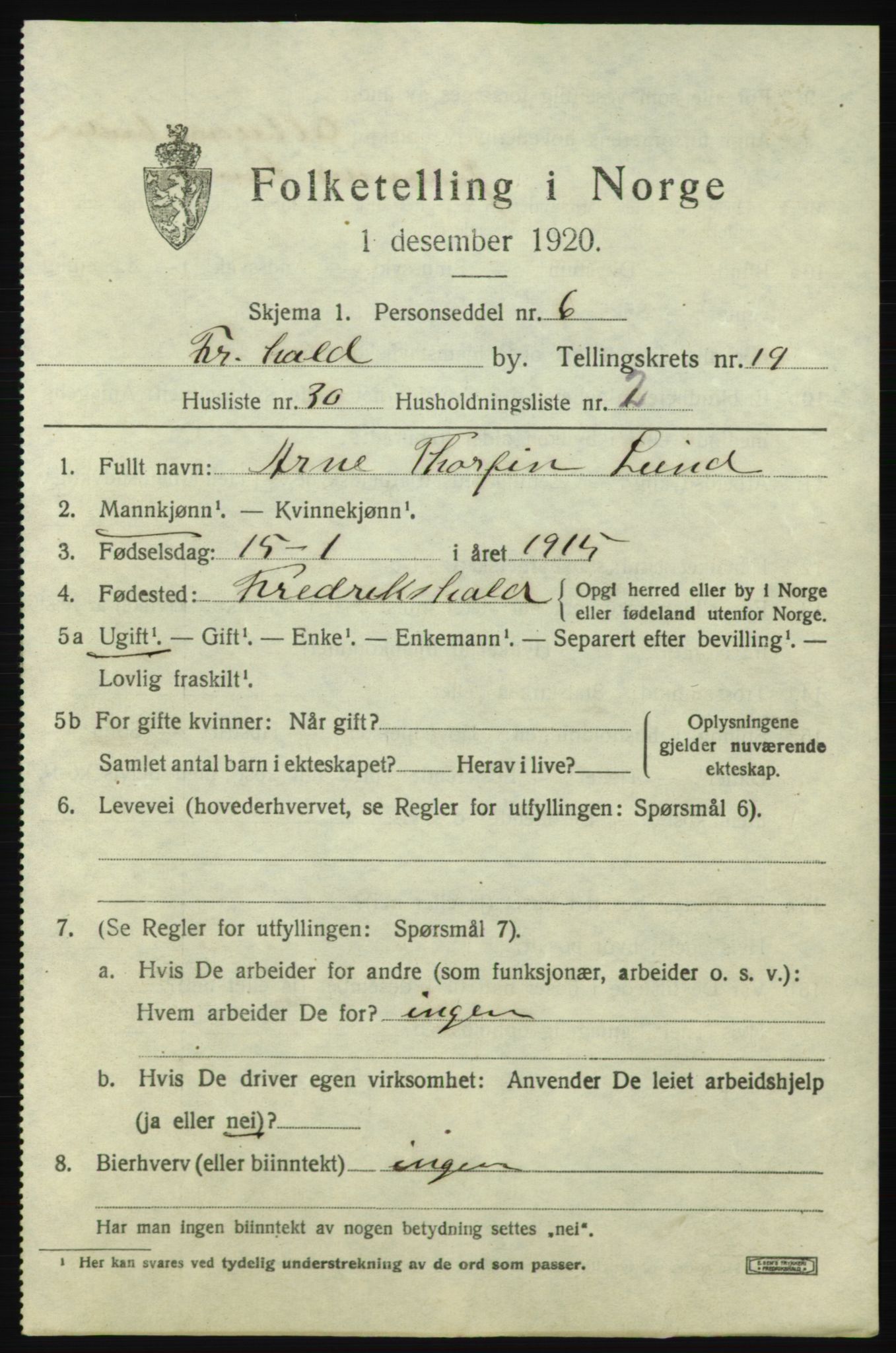 SAO, 1920 census for Fredrikshald, 1920, p. 28992