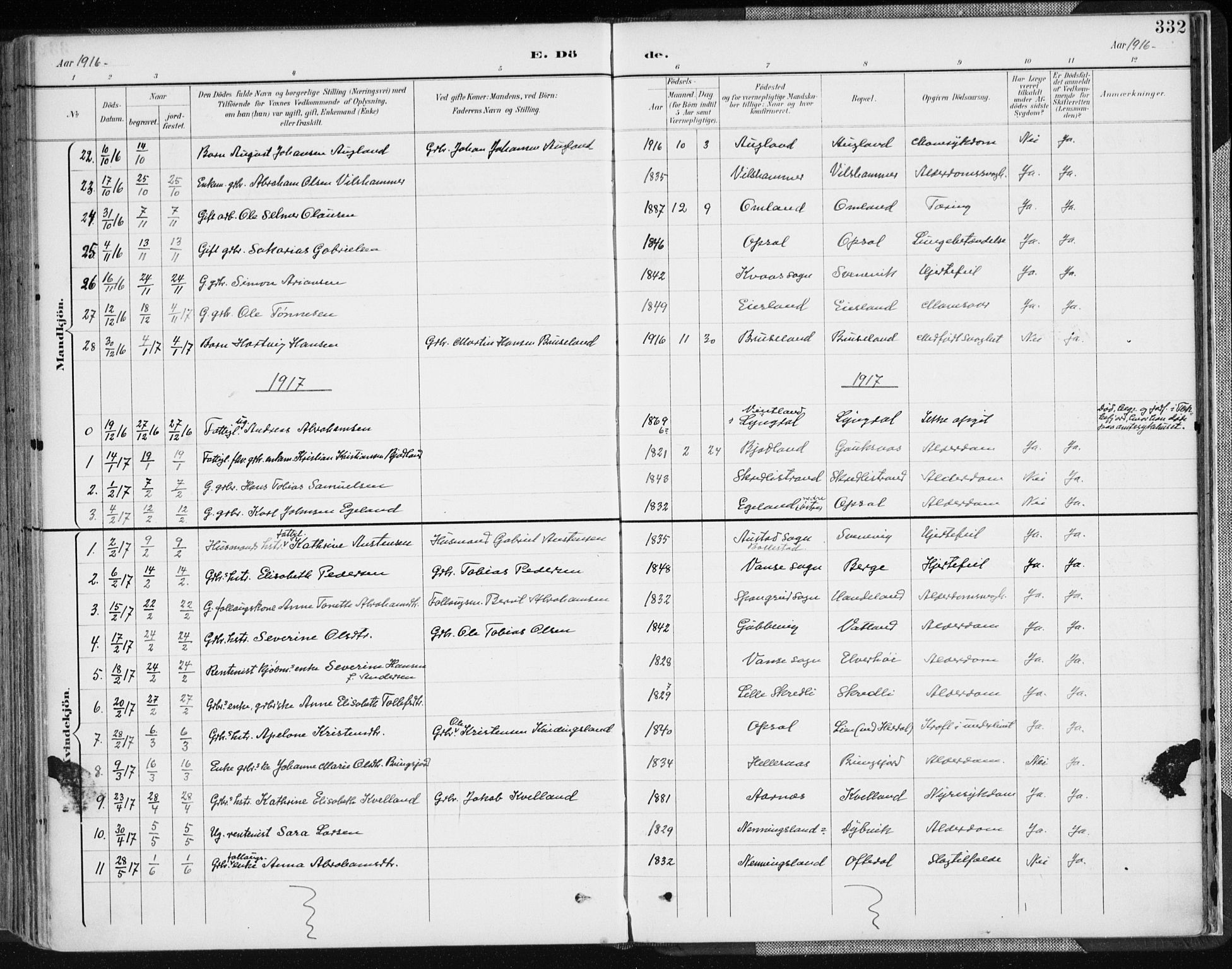 Lyngdal sokneprestkontor, AV/SAK-1111-0029/F/Fa/Fac/L0012: Parish register (official) no. A 12, 1894-1918, p. 332