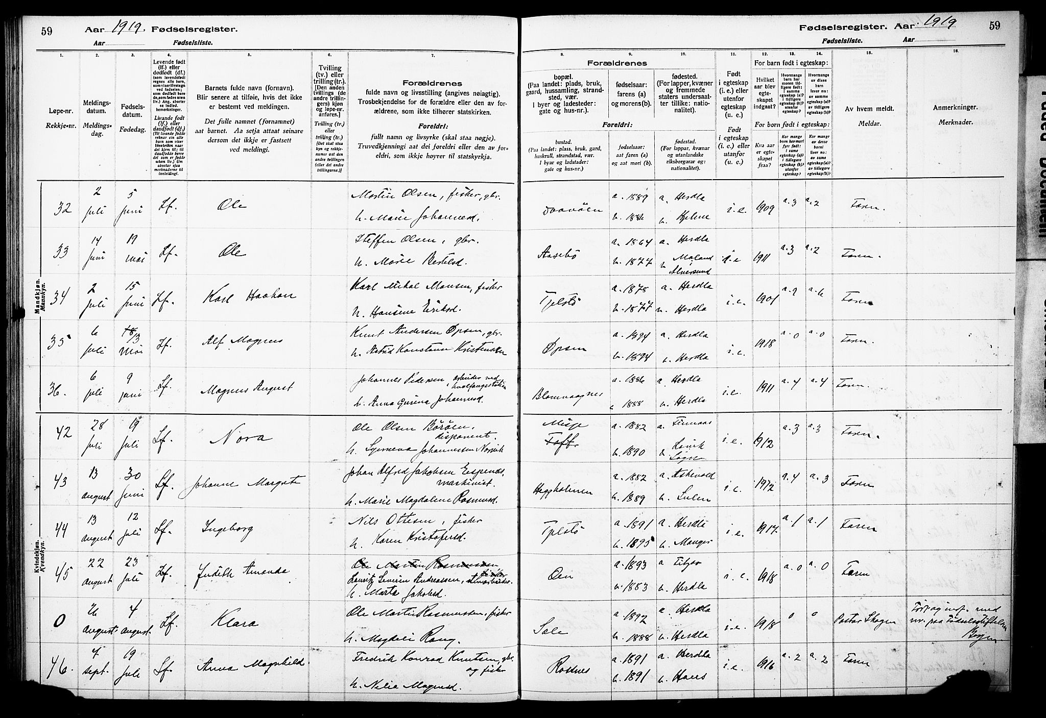 Herdla Sokneprestembete, AV/SAB-A-75701/I/Id/L00A1: Birth register no. A 1, 1916-1929, p. 59