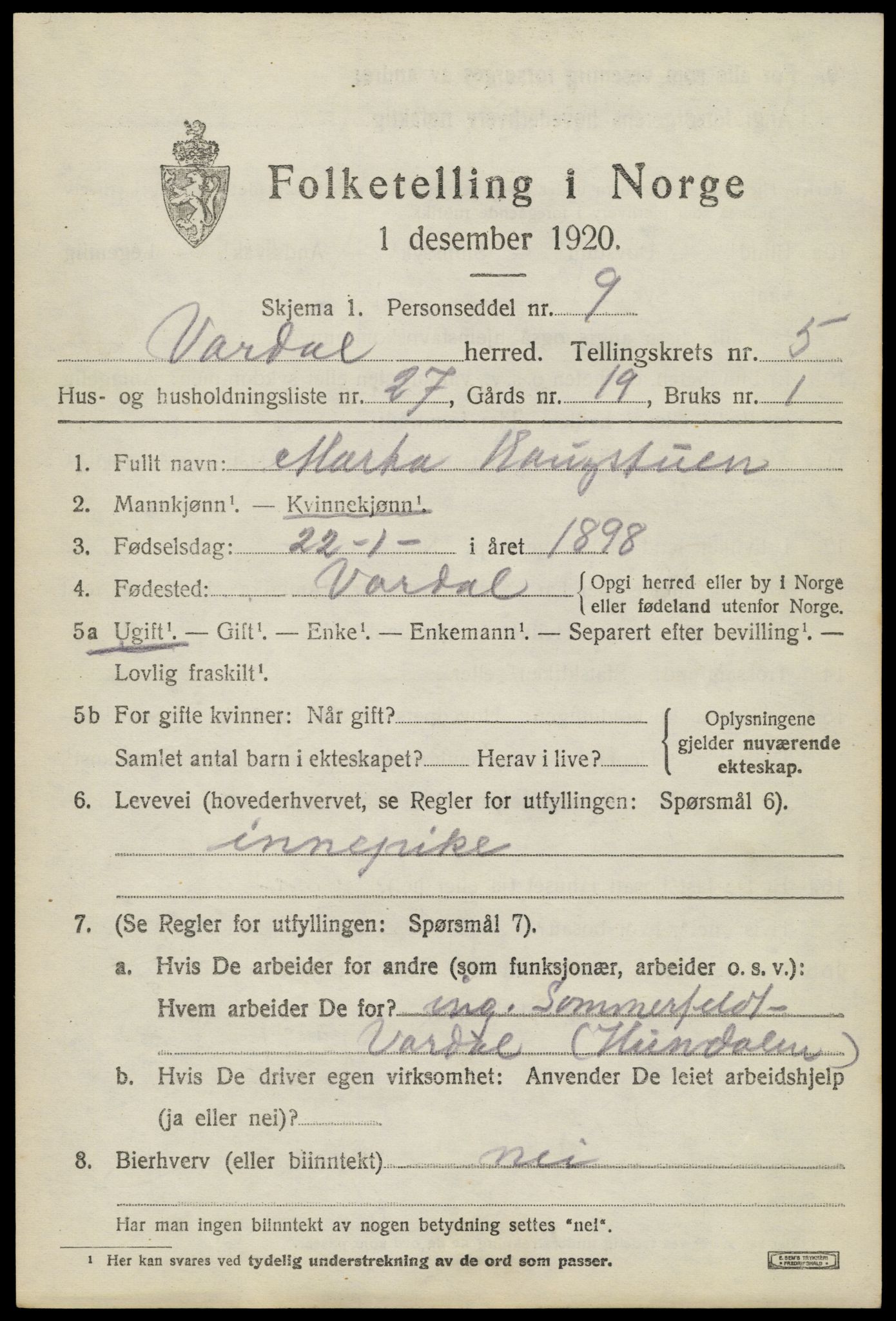 SAH, 1920 census for Vardal, 1920, p. 3389