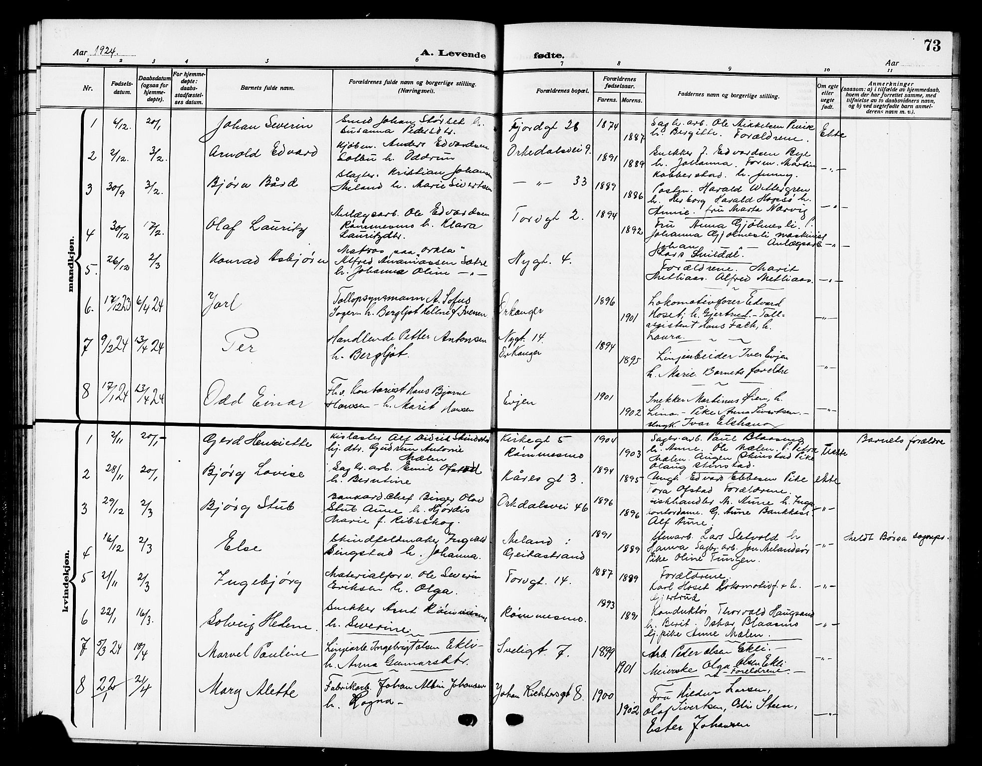 Ministerialprotokoller, klokkerbøker og fødselsregistre - Sør-Trøndelag, SAT/A-1456/669/L0831: Parish register (copy) no. 669C01, 1909-1924, p. 73