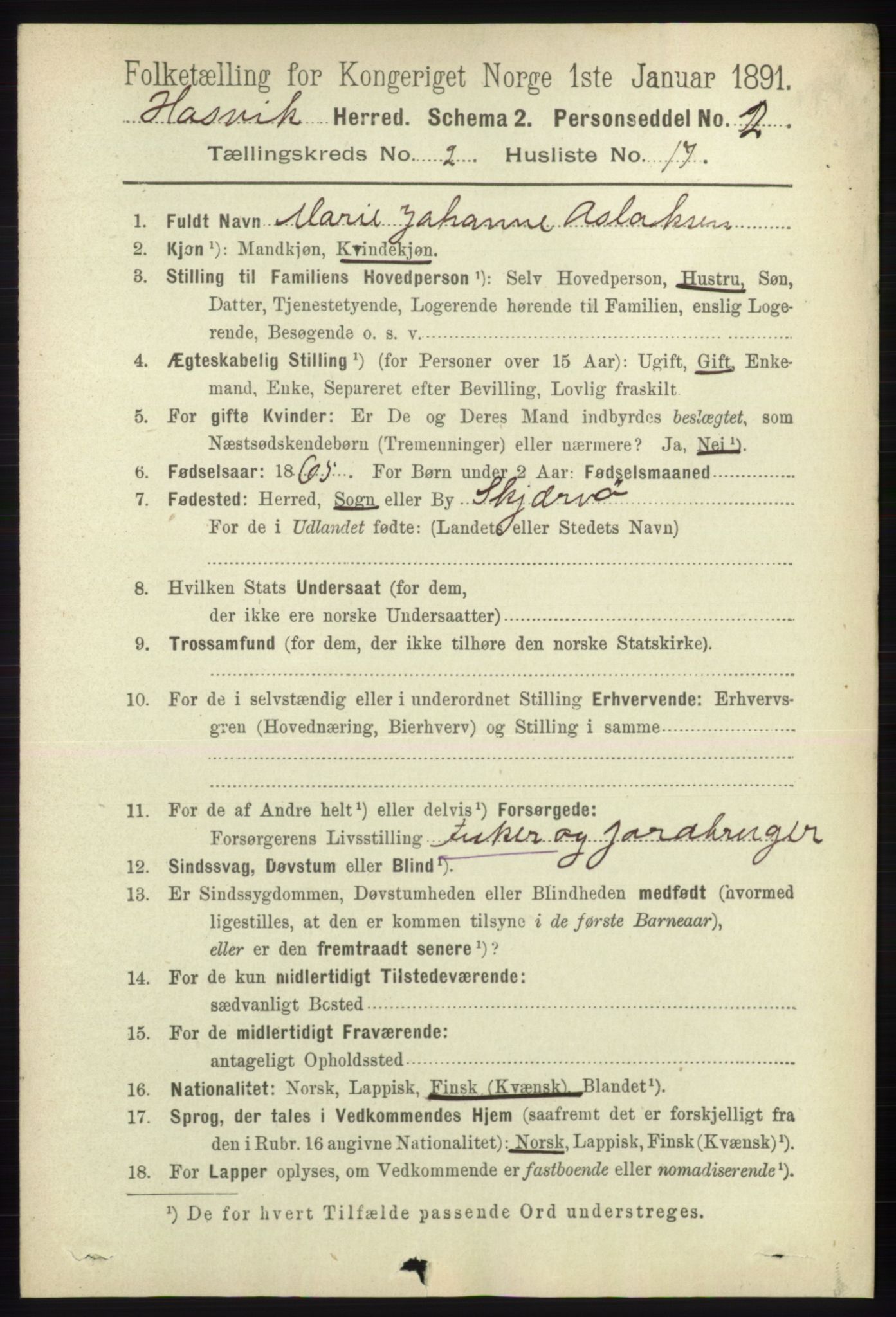 RA, 1891 census for 2015 Hasvik, 1891, p. 385