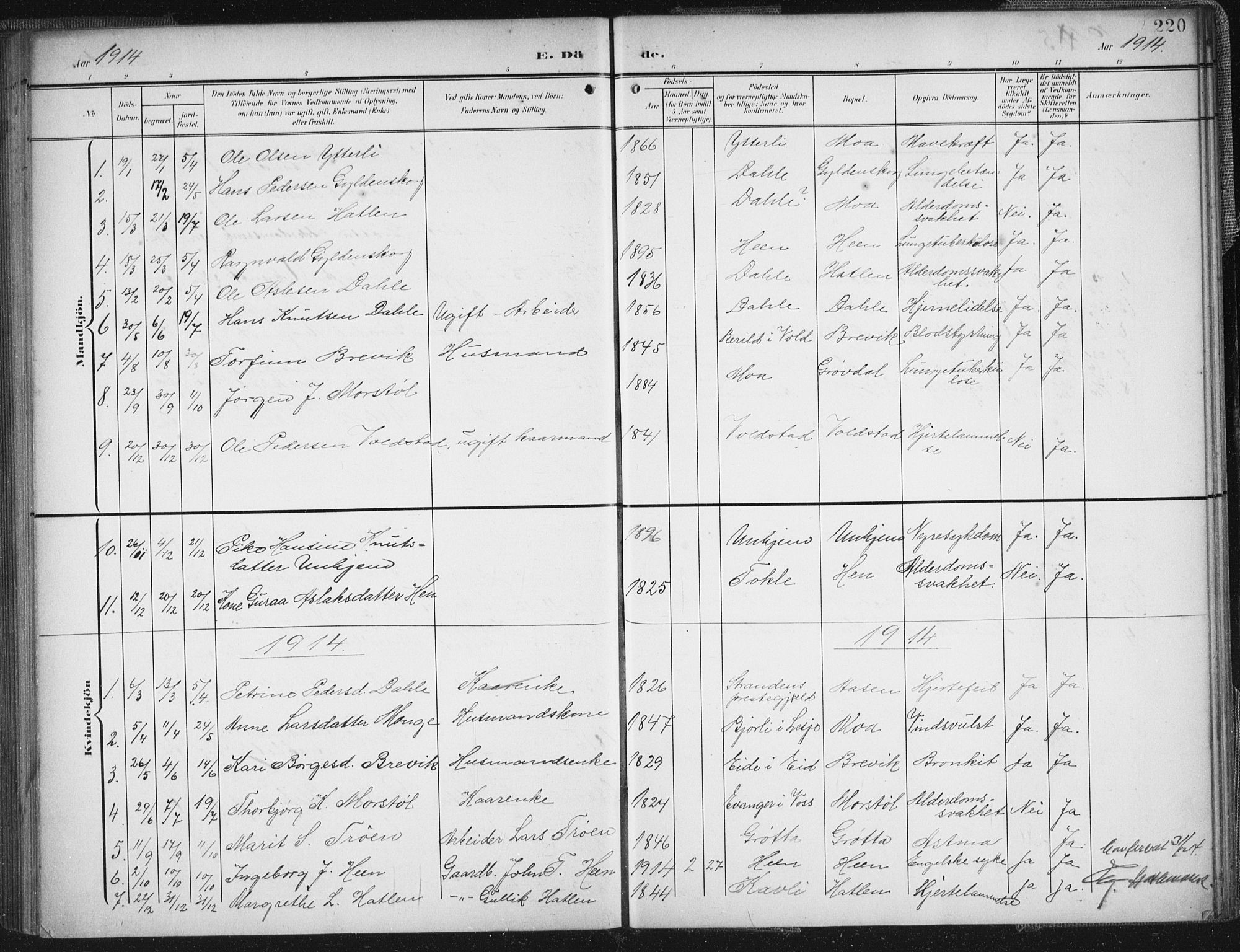 Ministerialprotokoller, klokkerbøker og fødselsregistre - Møre og Romsdal, SAT/A-1454/545/L0589: Parish register (copy) no. 545C03, 1902-1937, p. 220