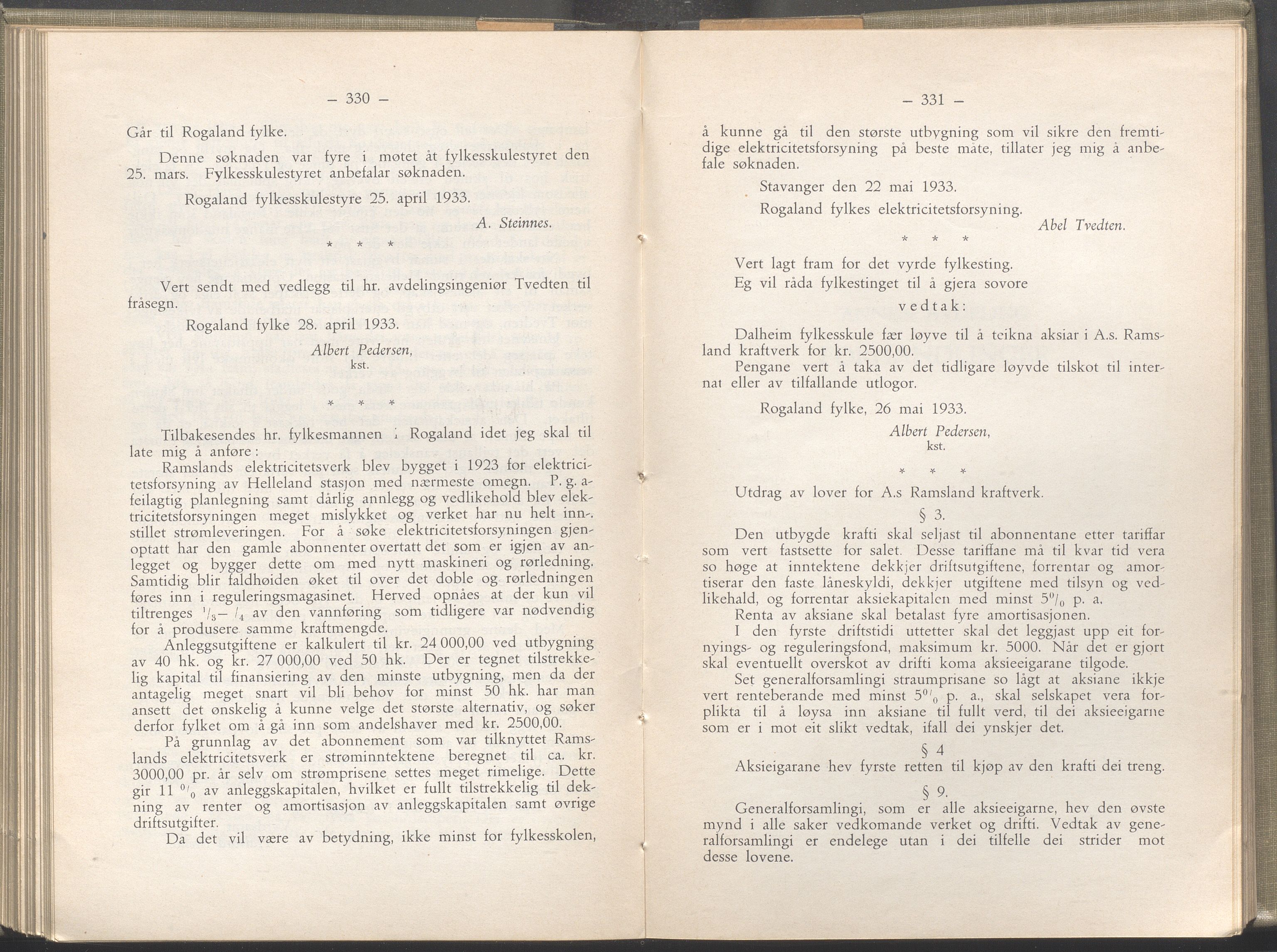 Rogaland fylkeskommune - Fylkesrådmannen , IKAR/A-900/A/Aa/Aaa/L0052: Møtebok , 1933, p. 330-331