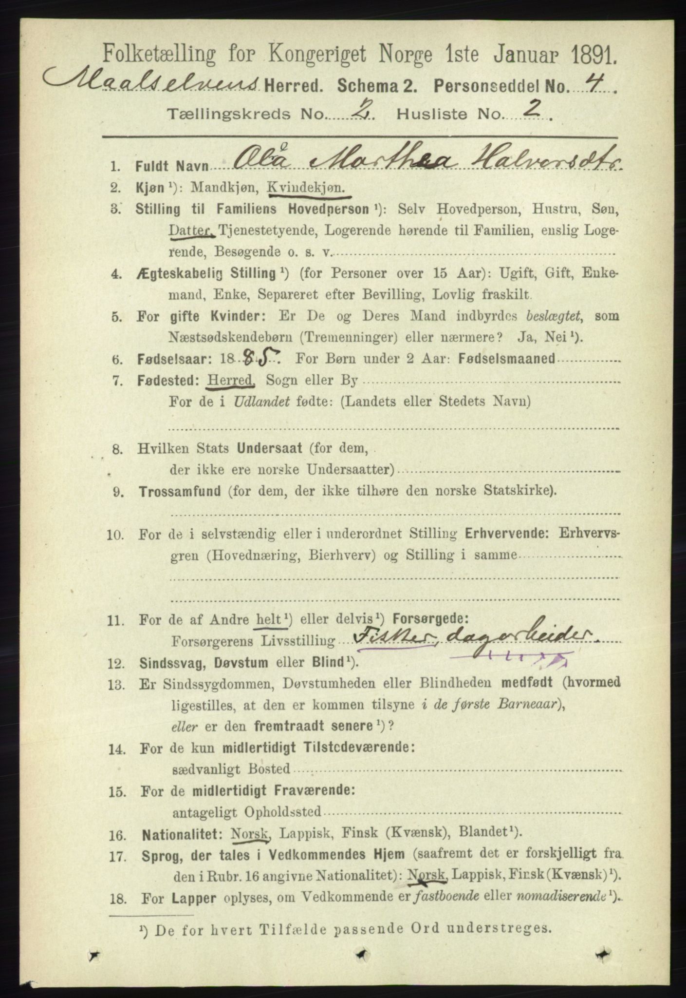 RA, 1891 census for 1924 Målselv, 1891, p. 307