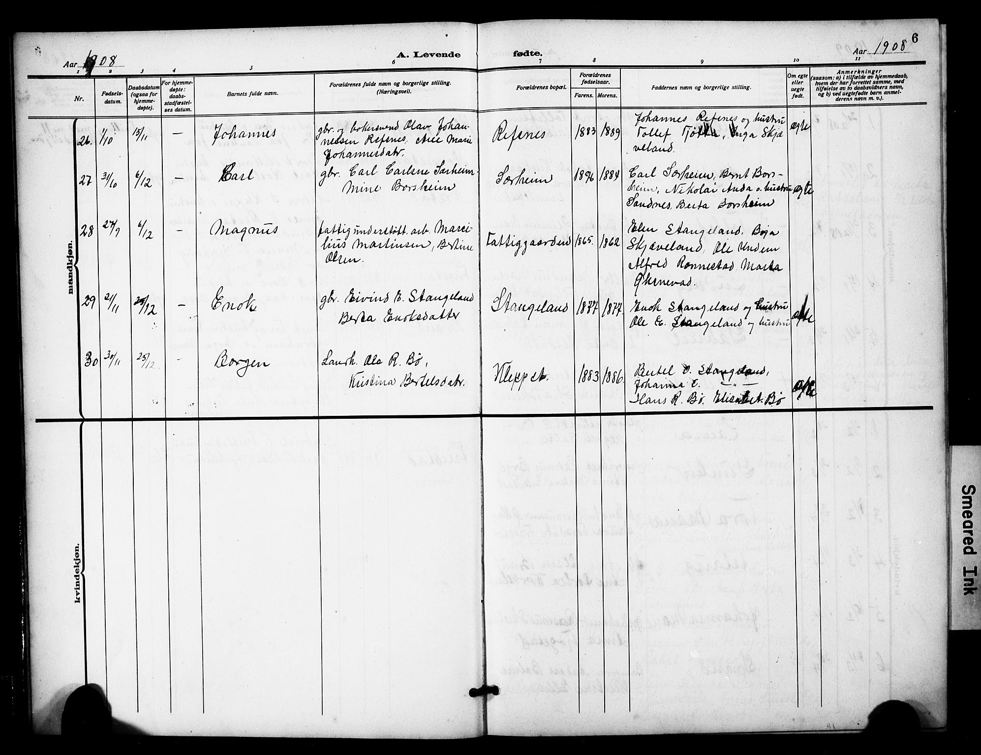 Klepp sokneprestkontor, AV/SAST-A-101803/001/3/30BB/L0007: Parish register (copy) no. B 7, 1908-1934, p. 6