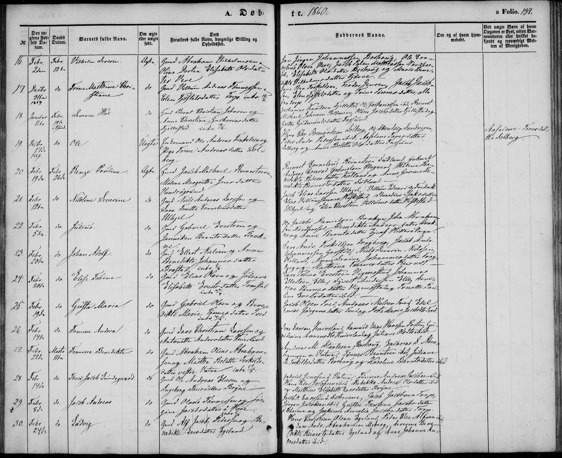 Lista sokneprestkontor, AV/SAK-1111-0027/F/Fb/L0002: Parish register (copy) no. B 2, 1847-1862, p. 137