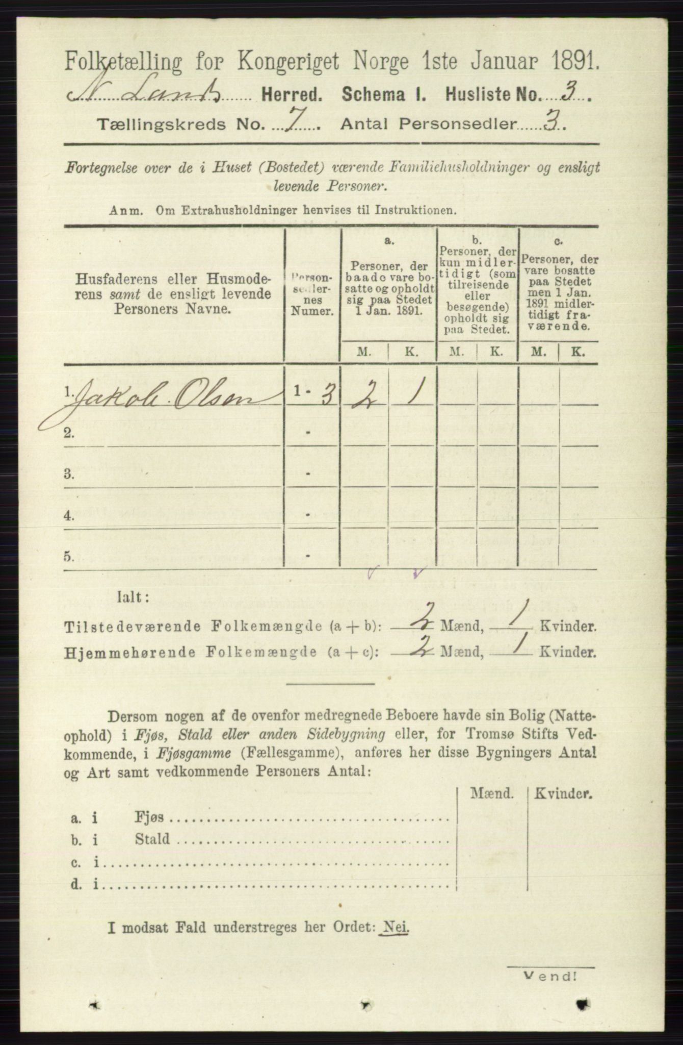 RA, 1891 census for 0538 Nordre Land, 1891, p. 1892