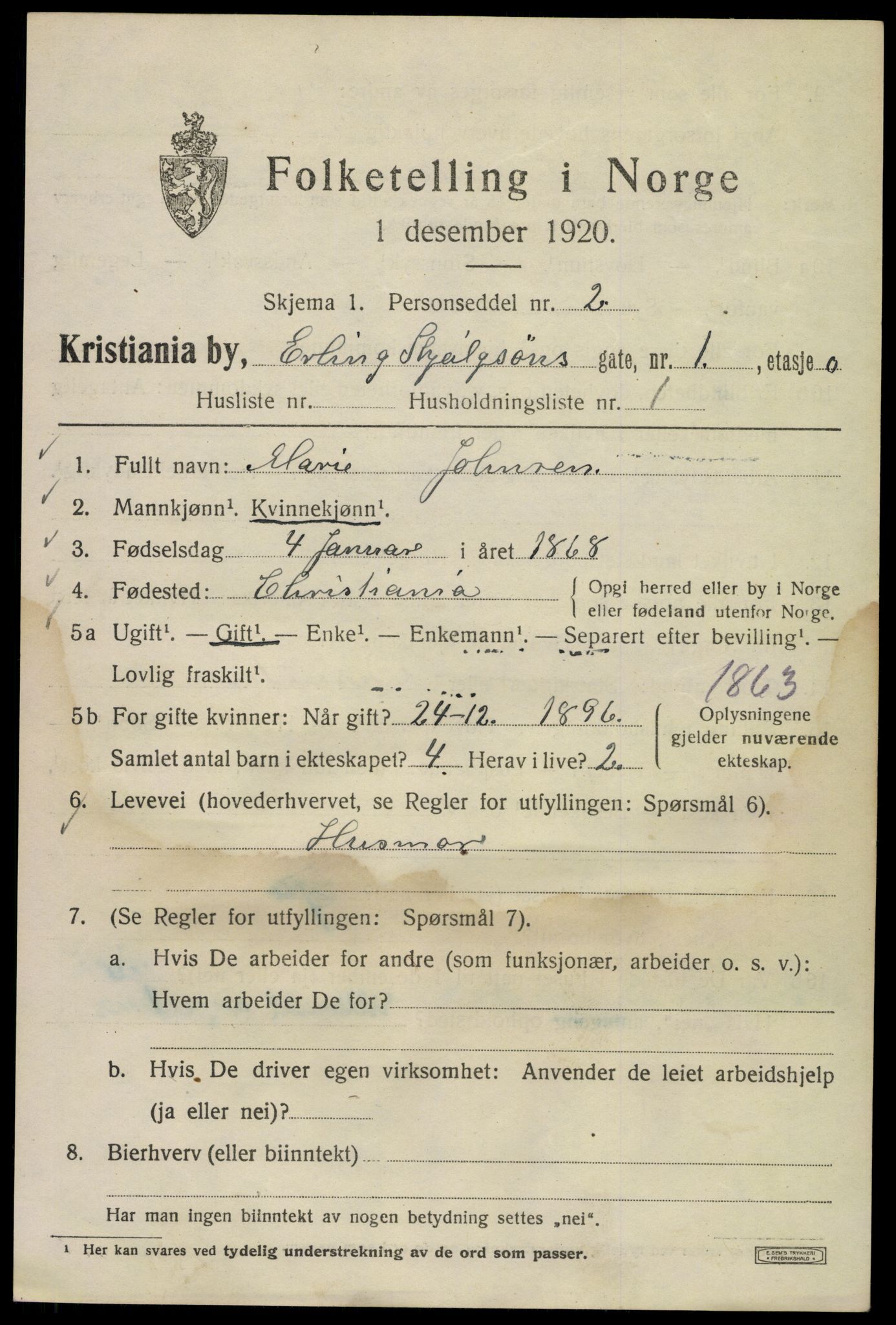 SAO, 1920 census for Kristiania, 1920, p. 221605