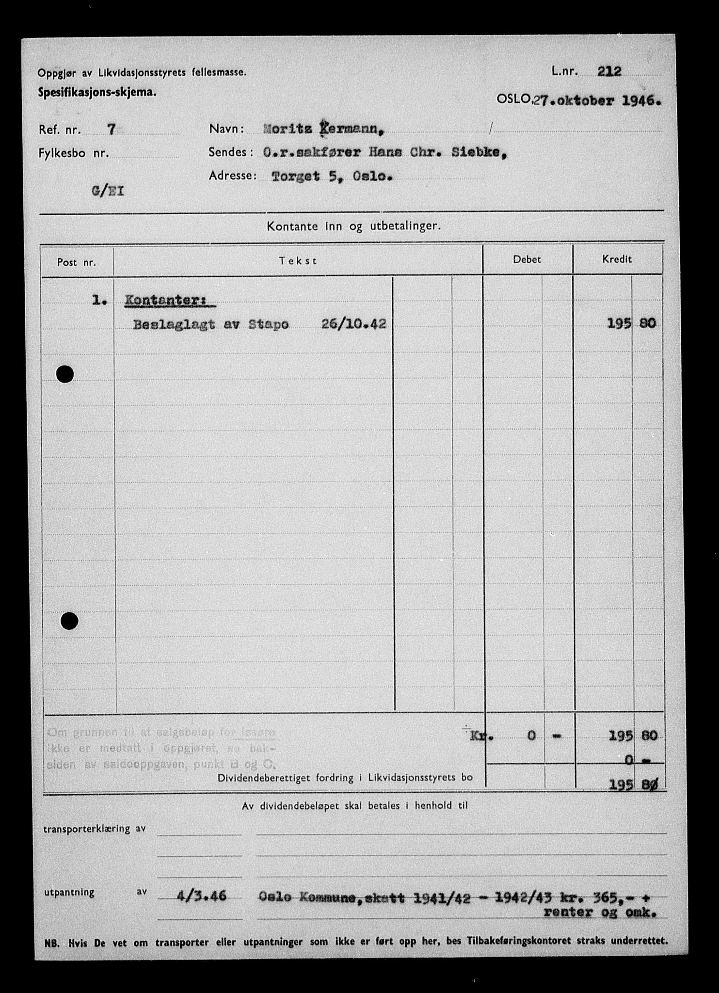 Justisdepartementet, Tilbakeføringskontoret for inndratte formuer, AV/RA-S-1564/H/Hc/Hcc/L0951: --, 1945-1947, p. 87