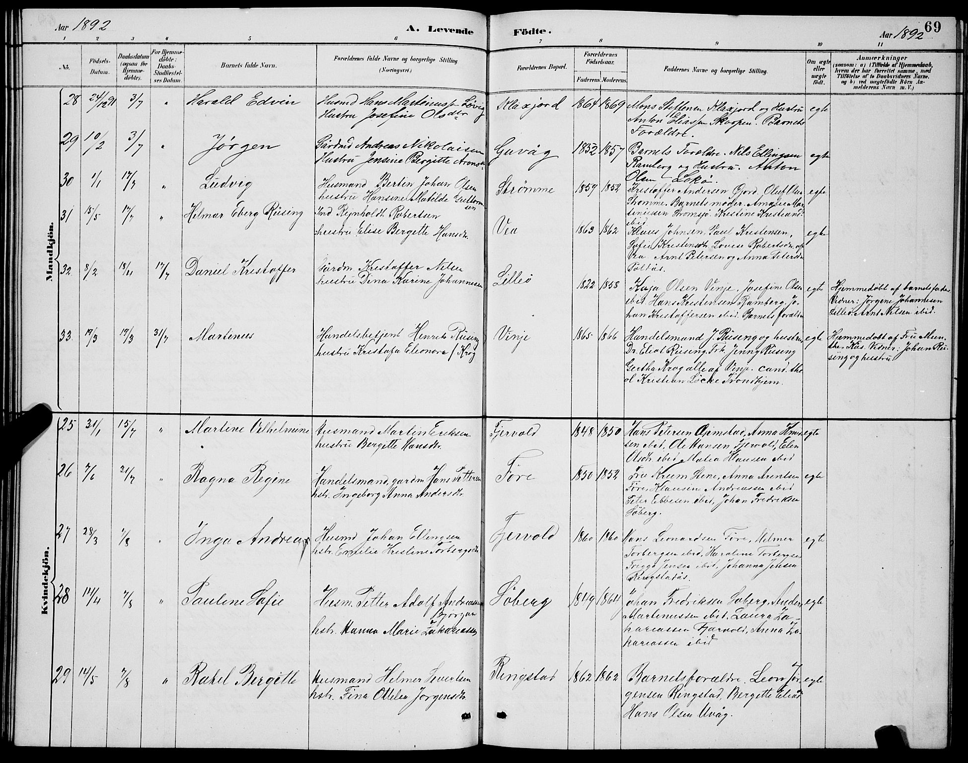 Ministerialprotokoller, klokkerbøker og fødselsregistre - Nordland, AV/SAT-A-1459/891/L1315: Parish register (copy) no. 891C04, 1886-1893, p. 69