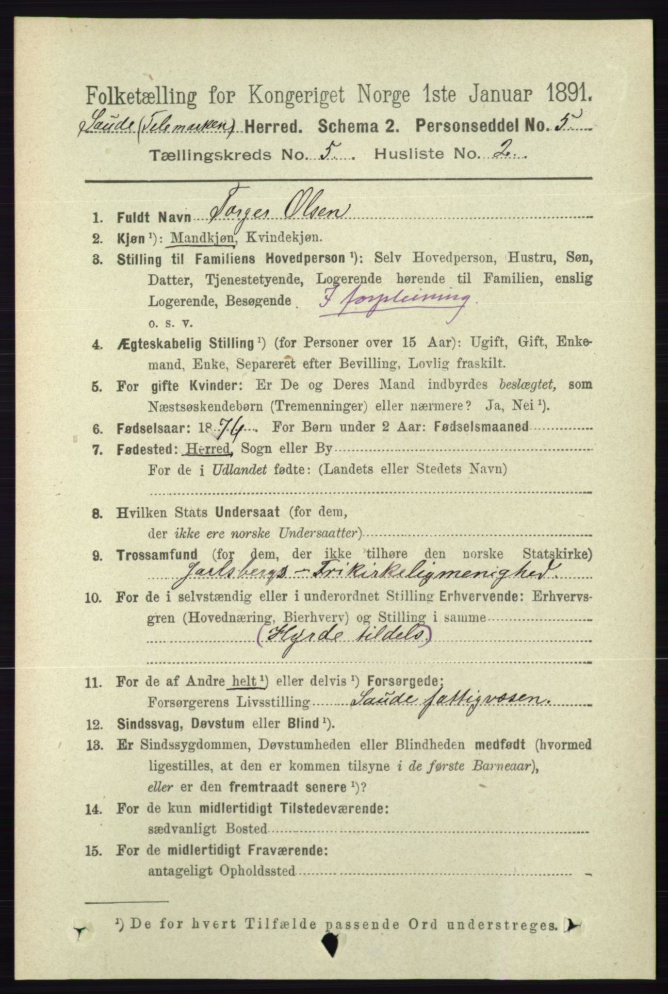 RA, 1891 census for 0822 Sauherad, 1891, p. 1436