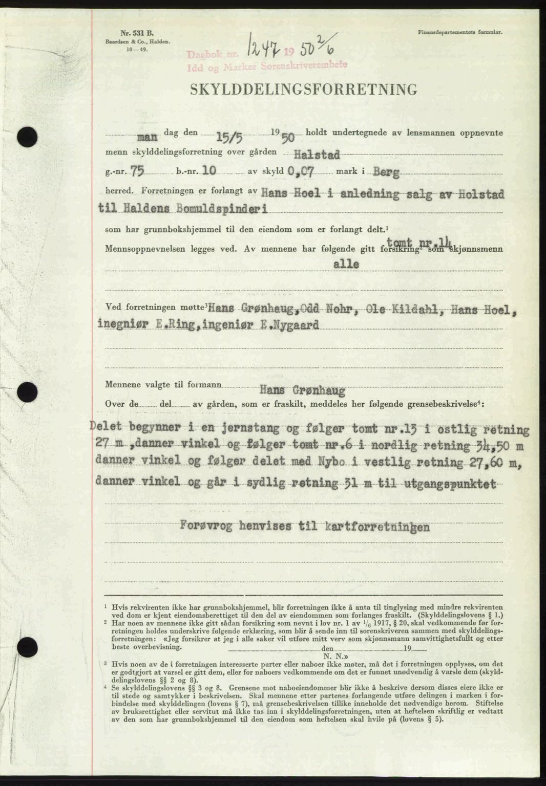 Idd og Marker sorenskriveri, AV/SAO-A-10283/G/Gb/Gbb/L0014: Mortgage book no. A14, 1950-1950, Diary no: : 1247/1950