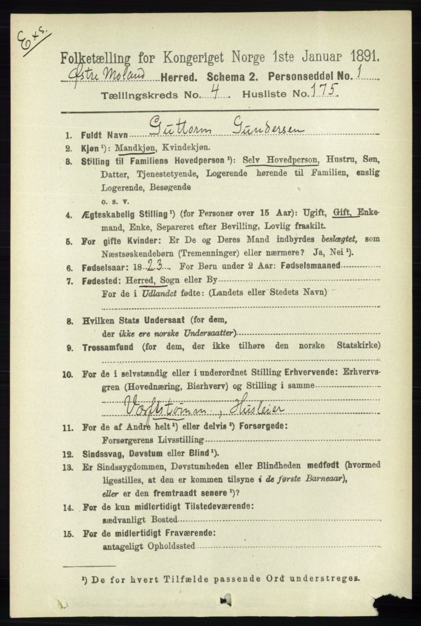 RA, Census 1891 for Nedenes amt: Gjenparter av personsedler for beslektede ektefeller, menn, 1891, p. 500