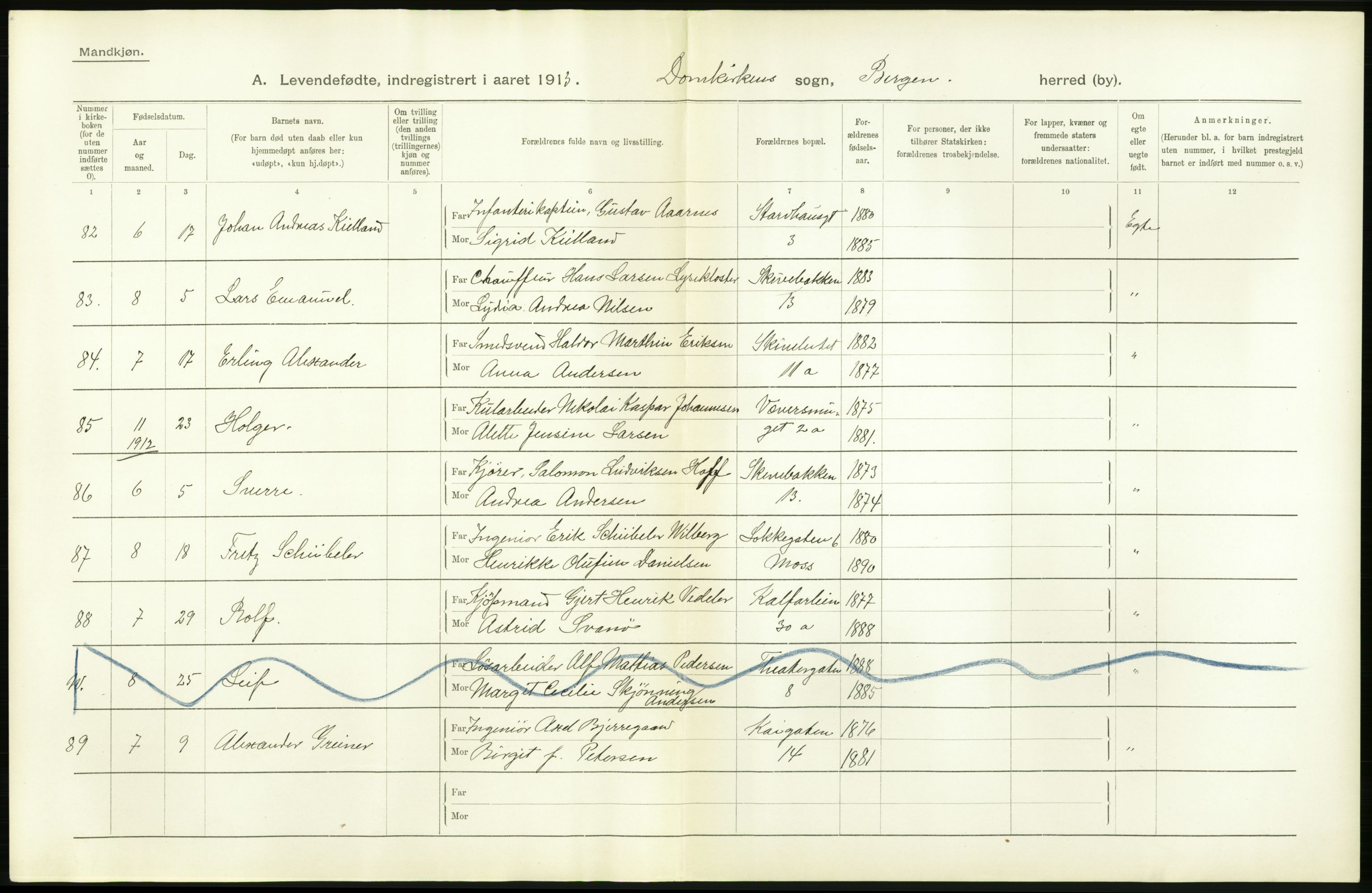 Statistisk sentralbyrå, Sosiodemografiske emner, Befolkning, AV/RA-S-2228/D/Df/Dfb/Dfbc/L0030: Bergen: Levendefødte menn og kvinner., 1913, p. 10