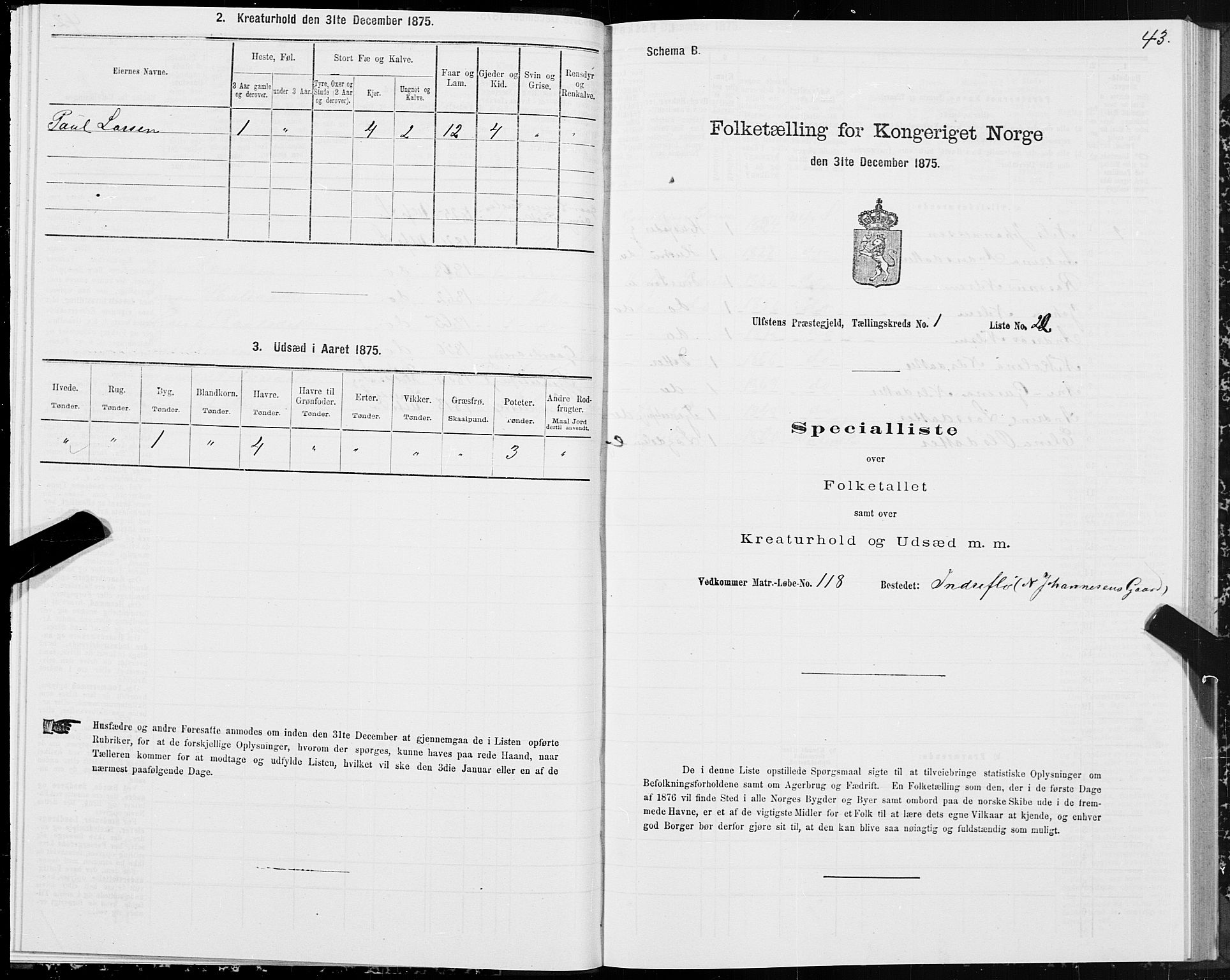 SAT, 1875 census for 1516P Ulstein, 1875, p. 1043