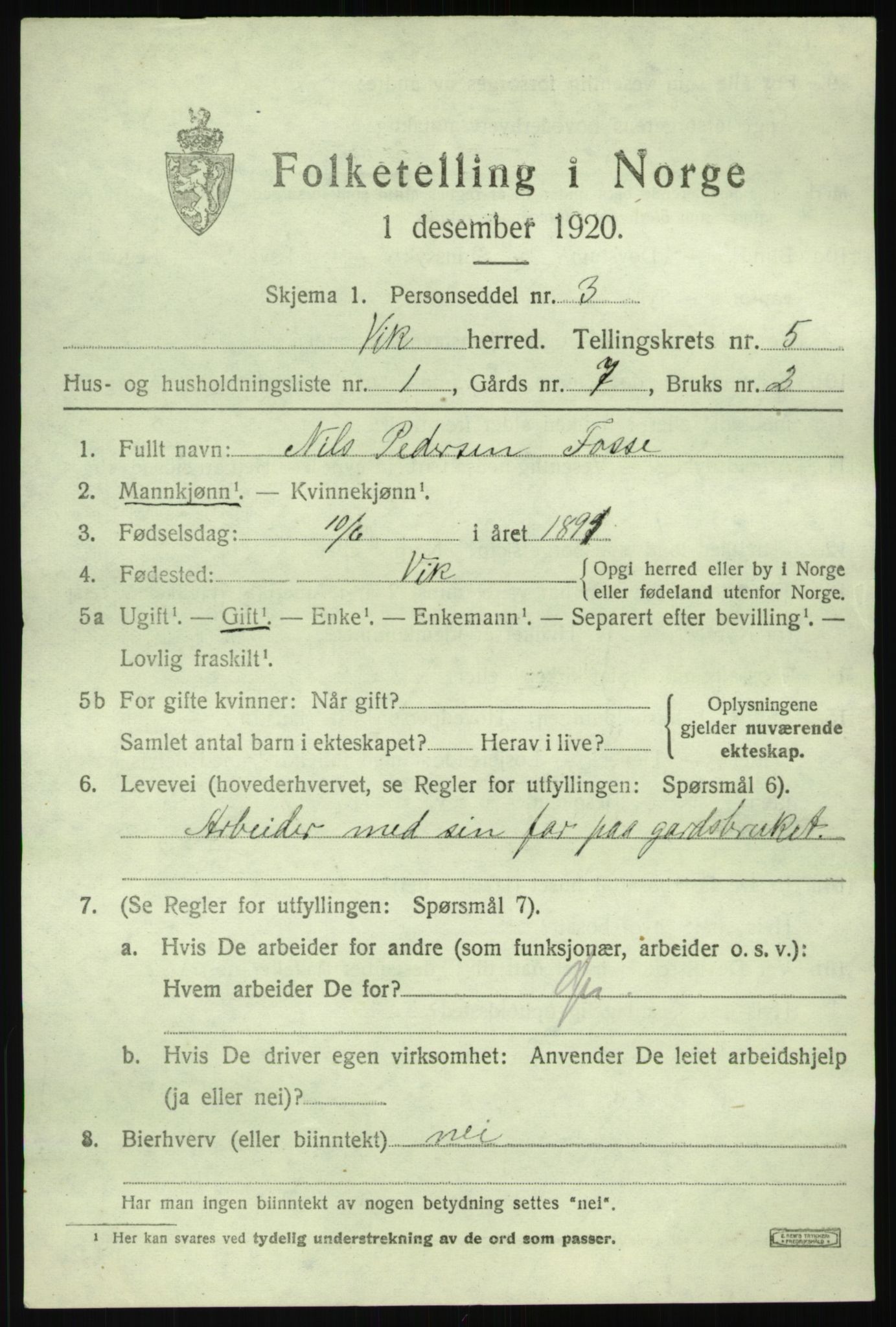 SAB, 1920 census for Vik, 1920, p. 3937