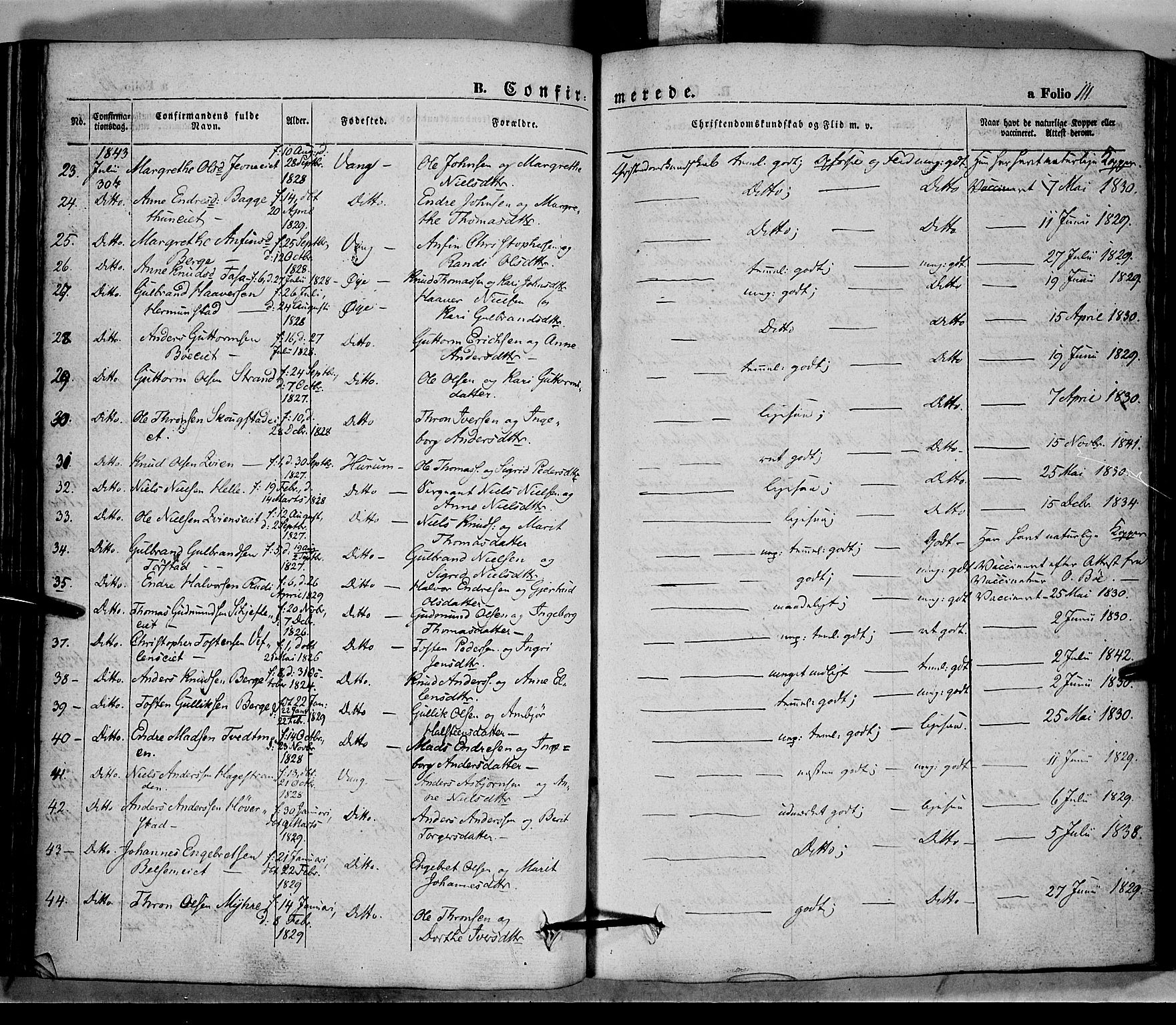 Vang prestekontor, Valdres, SAH/PREST-140/H/Ha/L0005: Parish register (official) no. 5, 1831-1845, p. 111