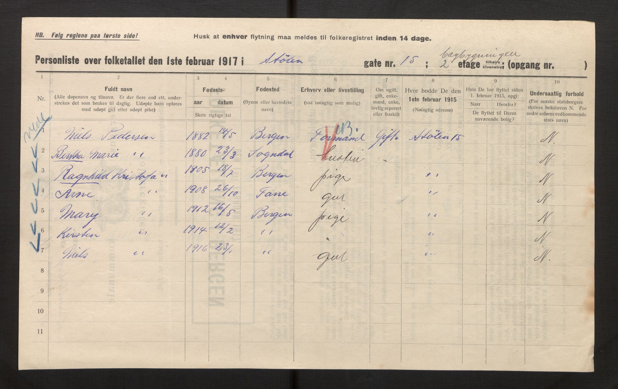 SAB, Municipal Census 1917 for Bergen, 1917, p. 39239