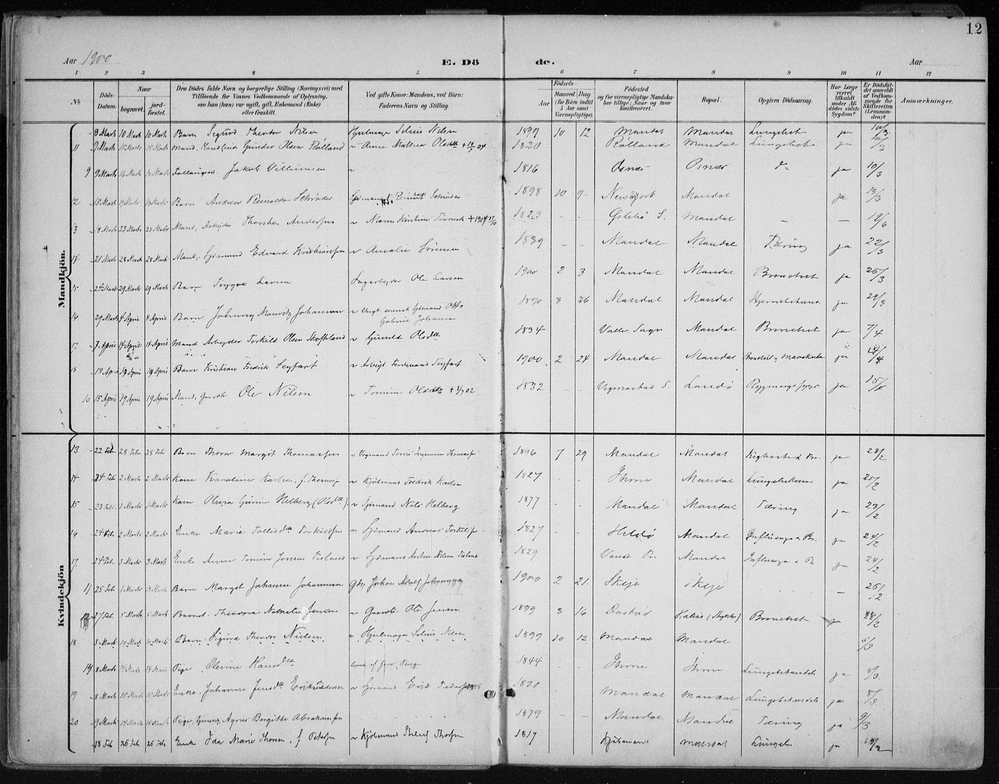 Mandal sokneprestkontor, AV/SAK-1111-0030/F/Fa/Faa/L0021: Parish register (official) no. A 21, 1898-1913, p. 12