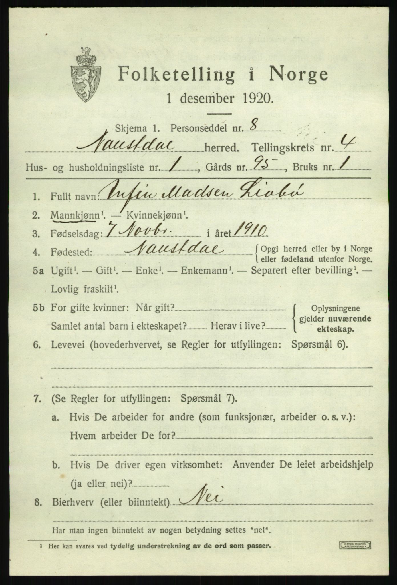 SAB, 1920 census for Naustdal, 1920, p. 2365