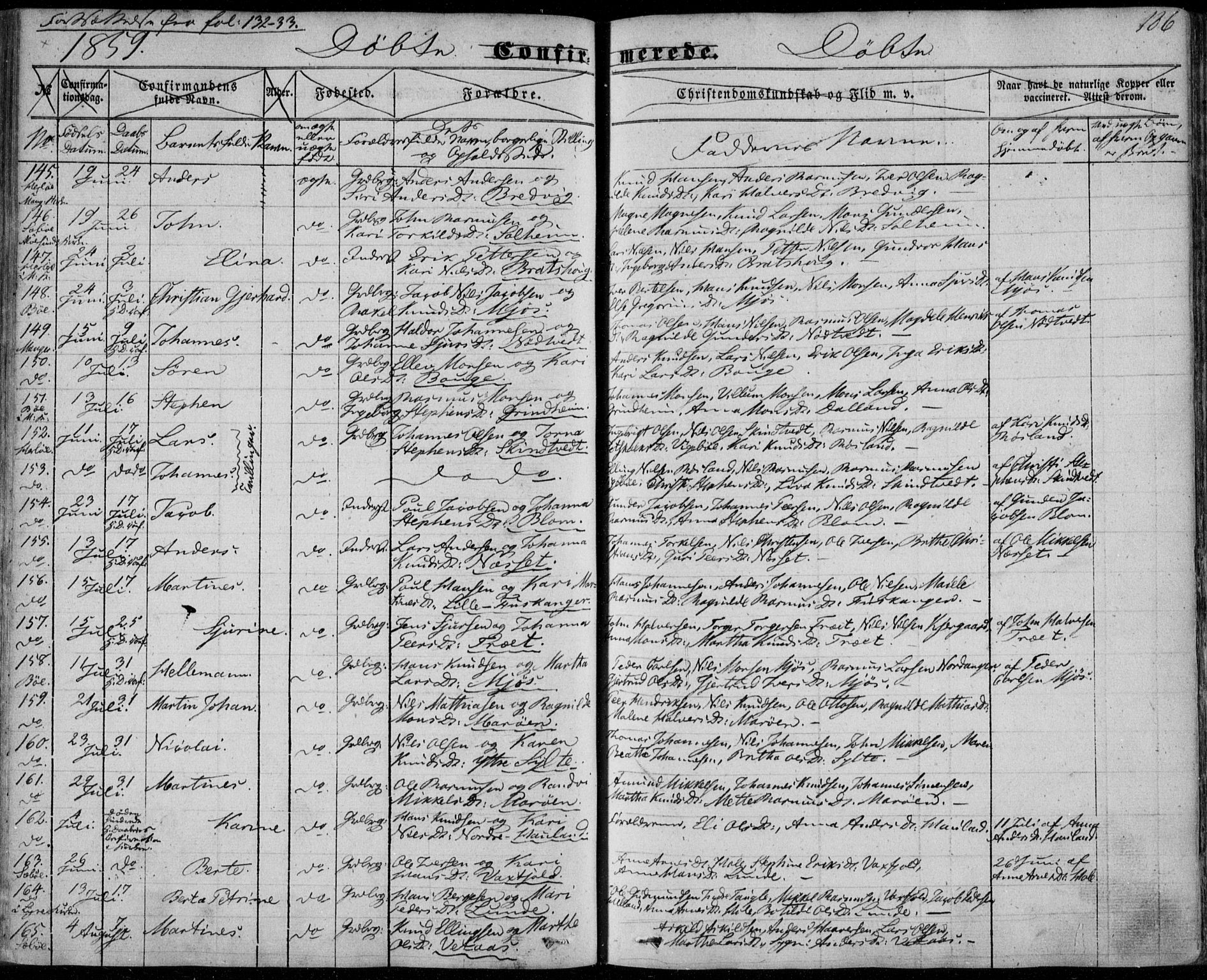 Manger sokneprestembete, SAB/A-76801/H/Haa: Parish register (official) no. A 6, 1849-1859, p. 186