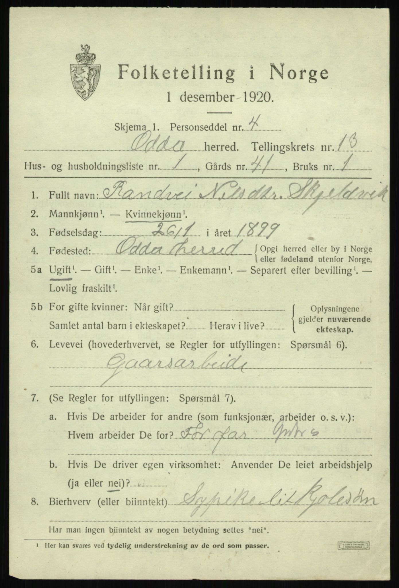 SAB, 1920 census for Odda, 1920, p. 11853