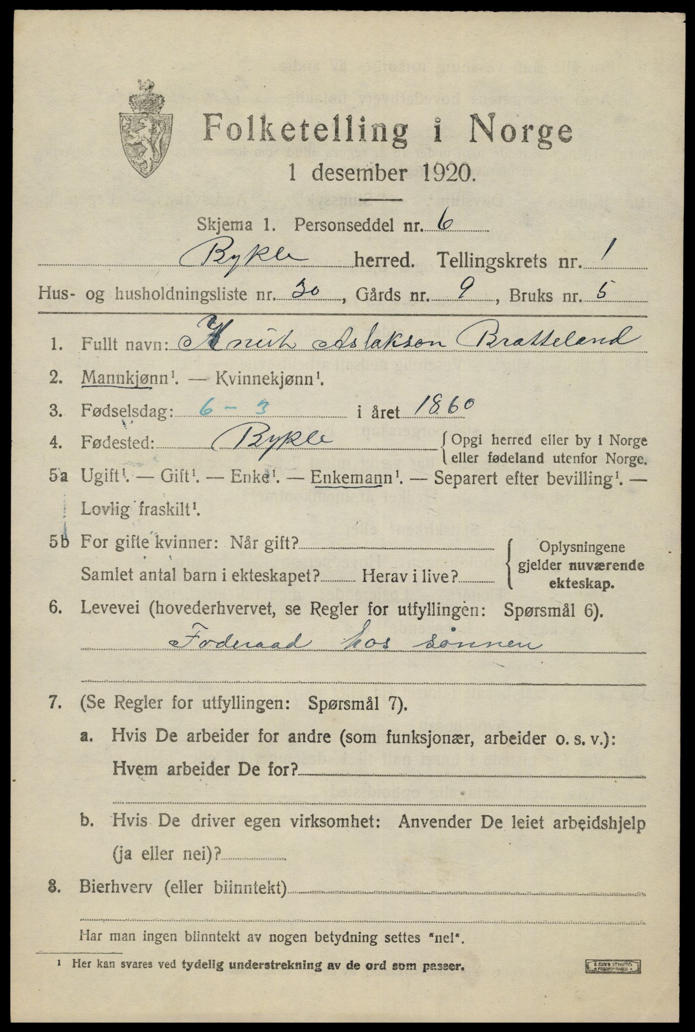 SAK, 1920 census for Bykle, 1920, p. 593