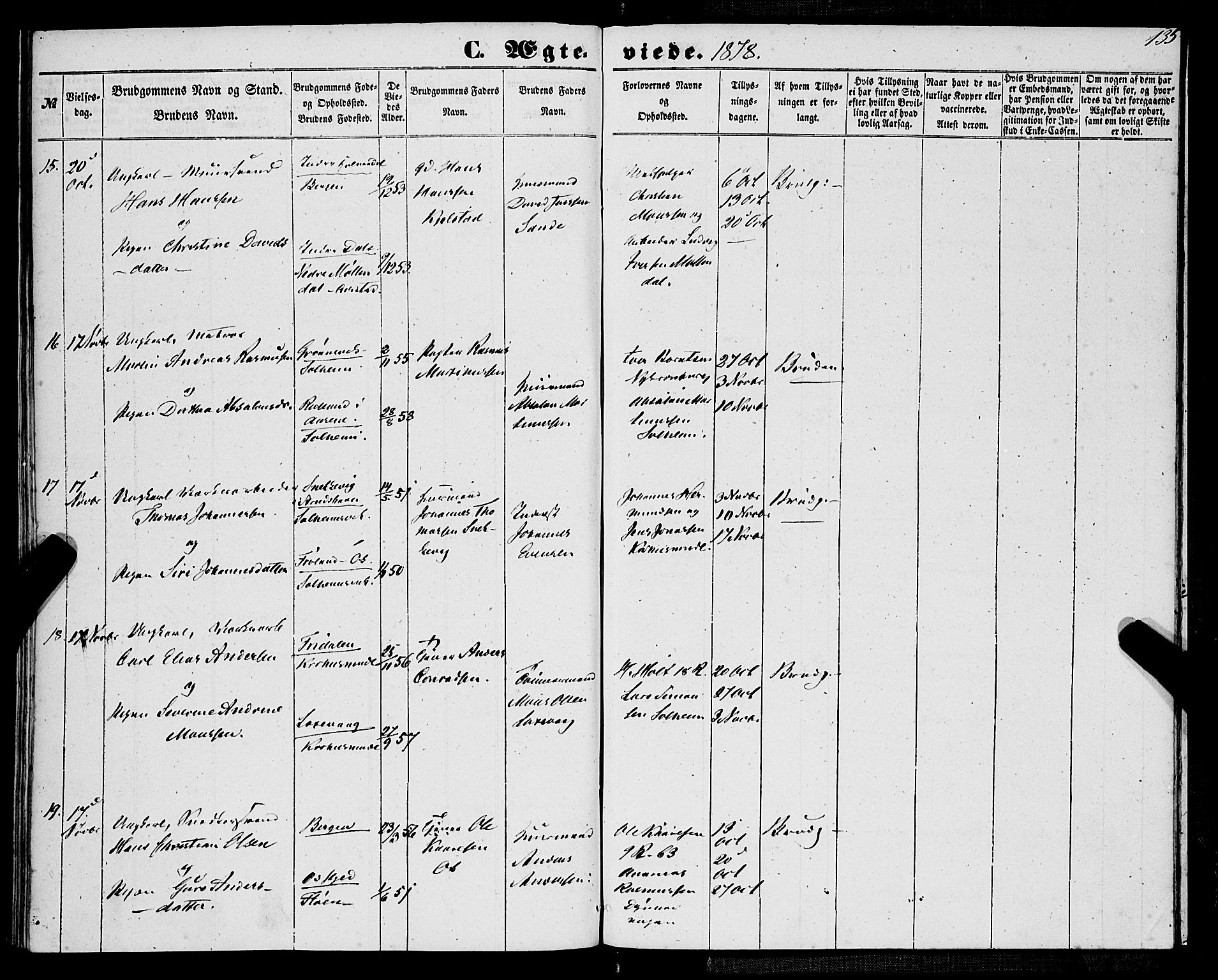 St. Jørgens hospital og Årstad sokneprestembete, AV/SAB-A-99934: Parish register (official) no. A 9, 1853-1878, p. 135