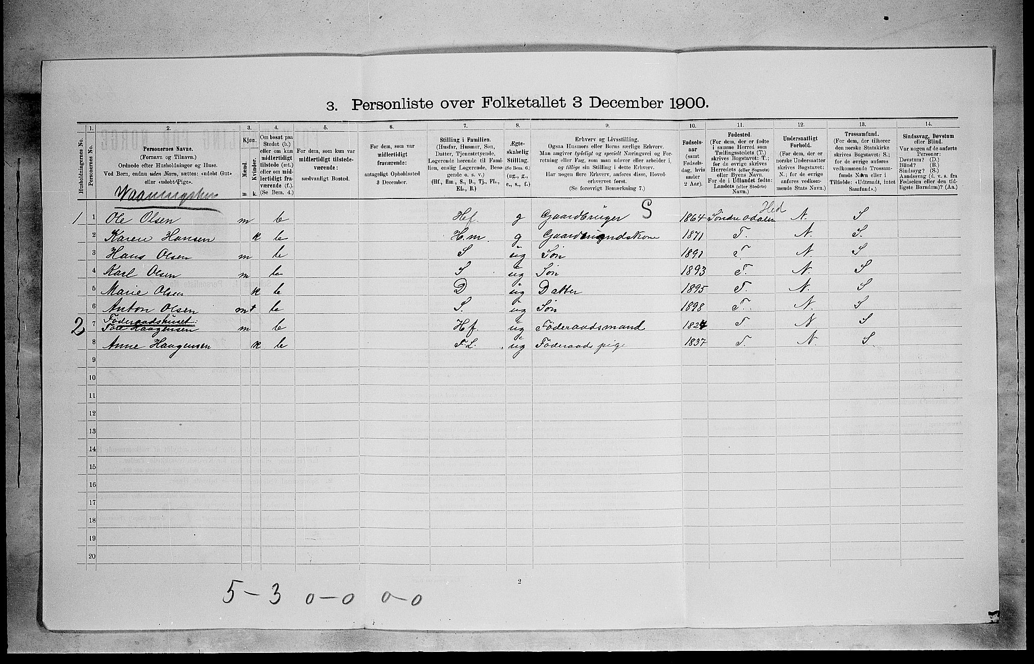 SAH, 1900 census for Vinger, 1900, p. 213