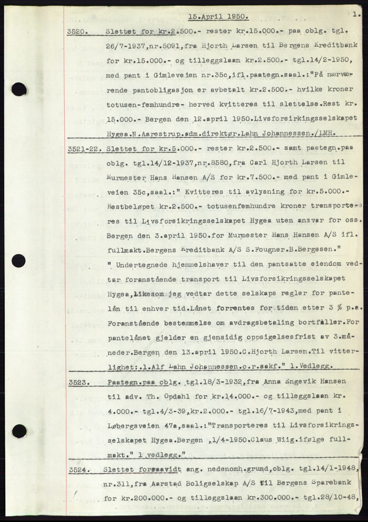 Byfogd og Byskriver i Bergen, SAB/A-3401/03: Mortgage book no. C 39, 1950-1950, Diary no: : 3520/1950