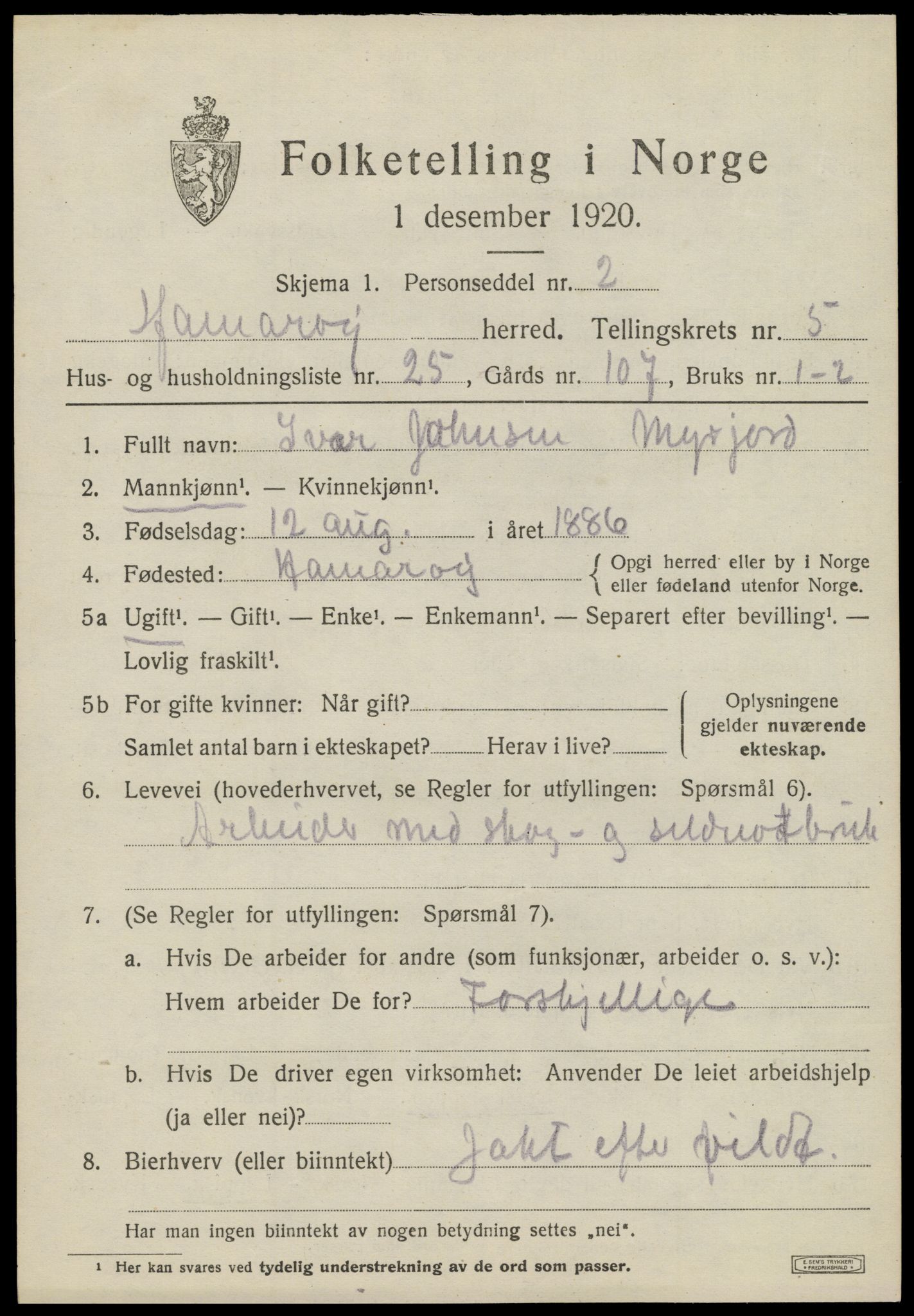 SAT, 1920 census for Hamarøy, 1920, p. 2938