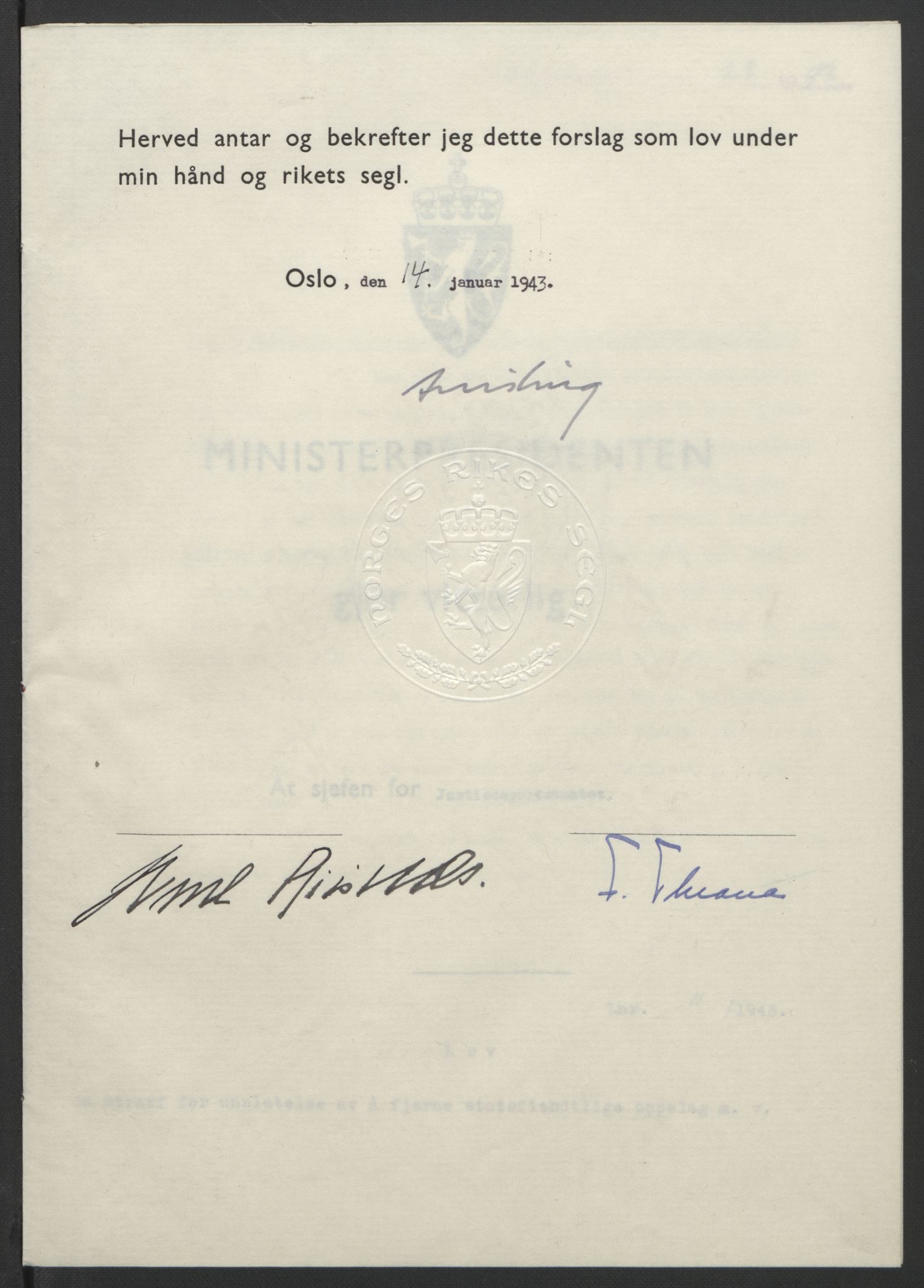 NS-administrasjonen 1940-1945 (Statsrådsekretariatet, de kommisariske statsråder mm), RA/S-4279/D/Db/L0099: Lover, 1943, p. 47