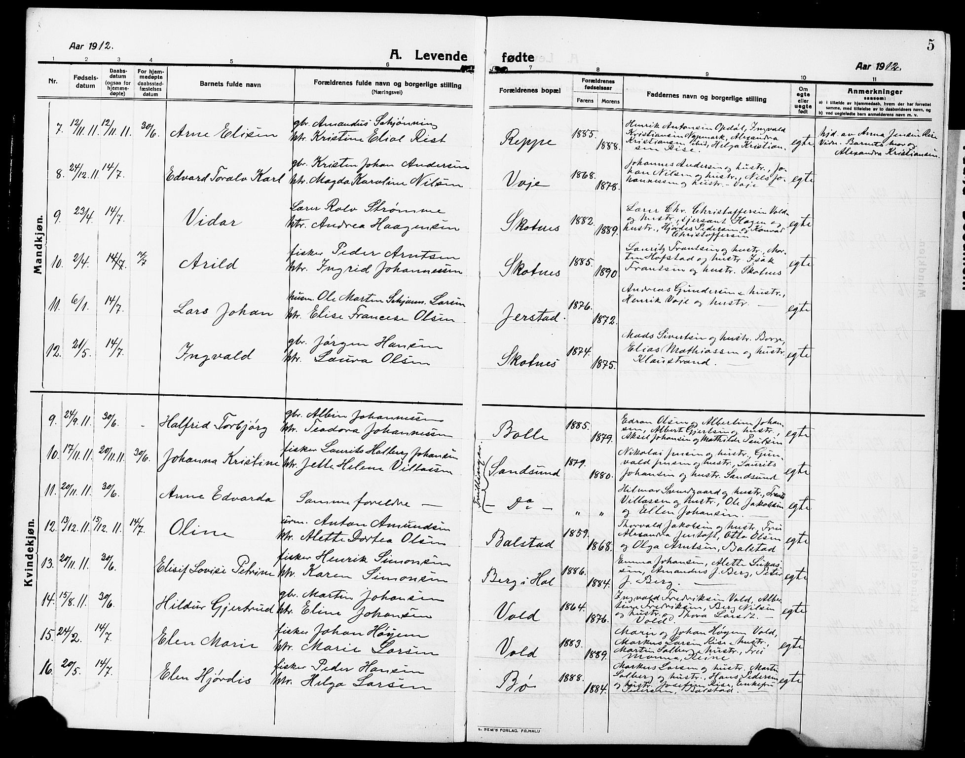 Ministerialprotokoller, klokkerbøker og fødselsregistre - Nordland, SAT/A-1459/881/L1169: Parish register (copy) no. 881C06, 1912-1930, p. 5