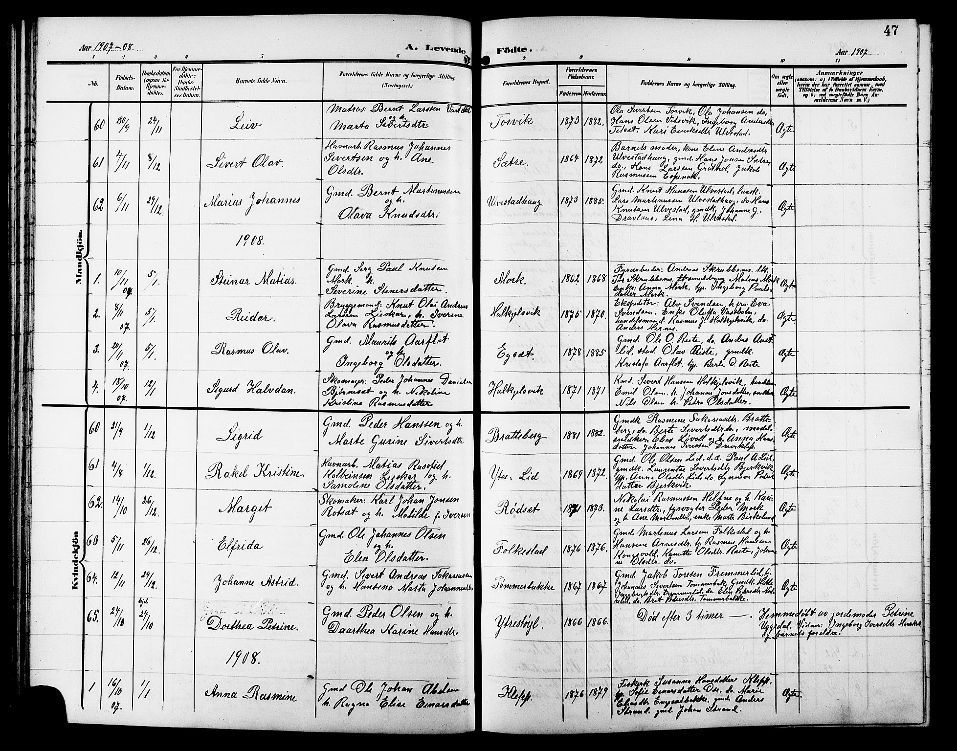 Ministerialprotokoller, klokkerbøker og fødselsregistre - Møre og Romsdal, AV/SAT-A-1454/511/L0159: Parish register (copy) no. 511C05, 1902-1920, p. 47