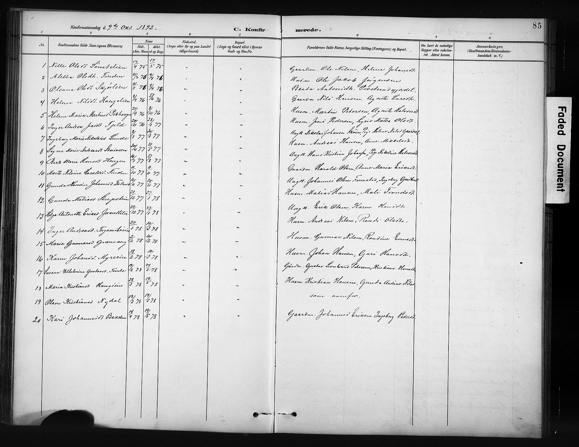 Nordre Land prestekontor, SAH/PREST-124/H/Ha/Hab/L0012: Parish register (copy) no. 12, 1891-1909, p. 85