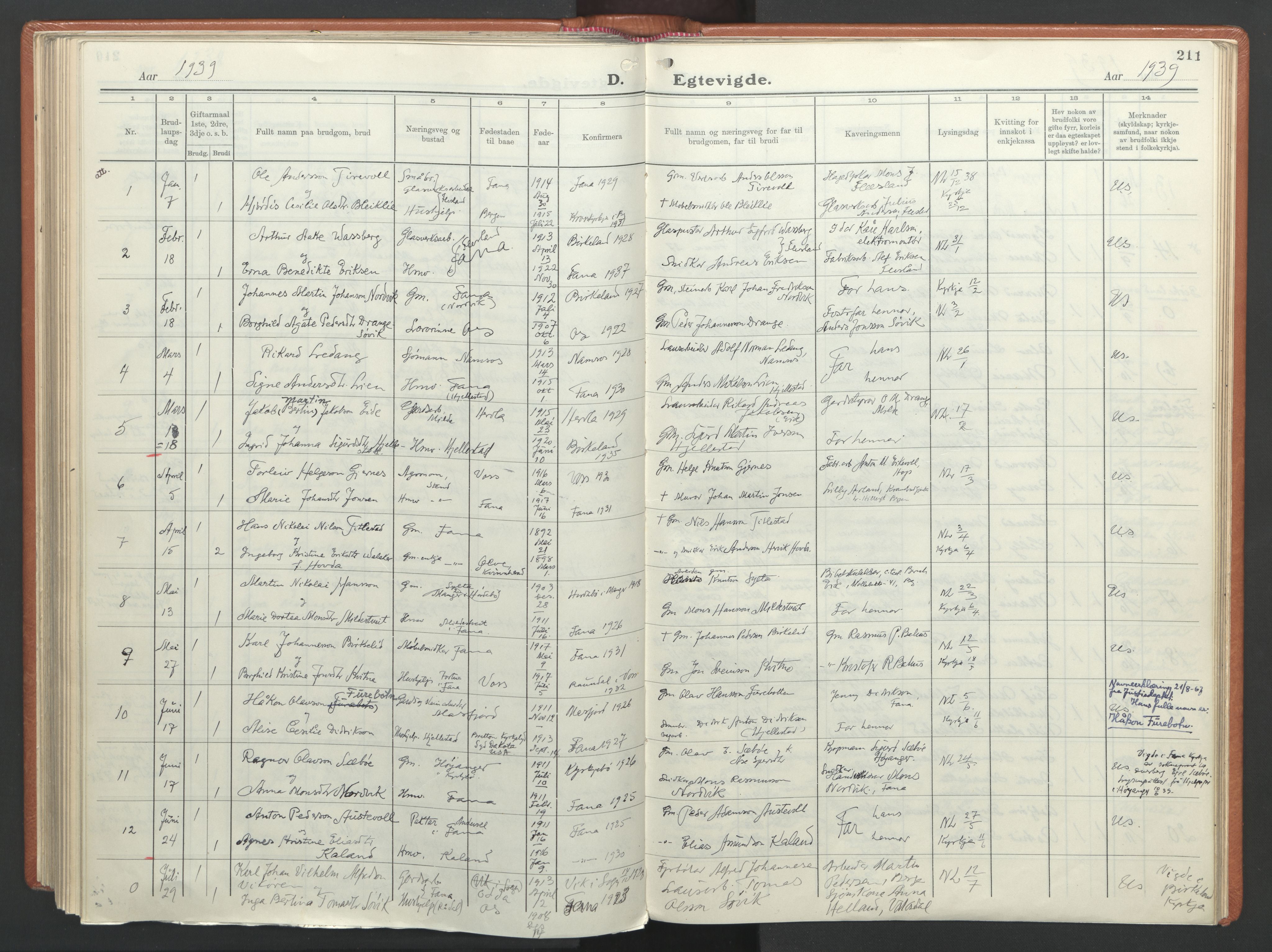 Fana Sokneprestembete, AV/SAB-A-75101/H/Haa/Haab/L0007: Parish register (official) no. B 7, 1934-1947, p. 211