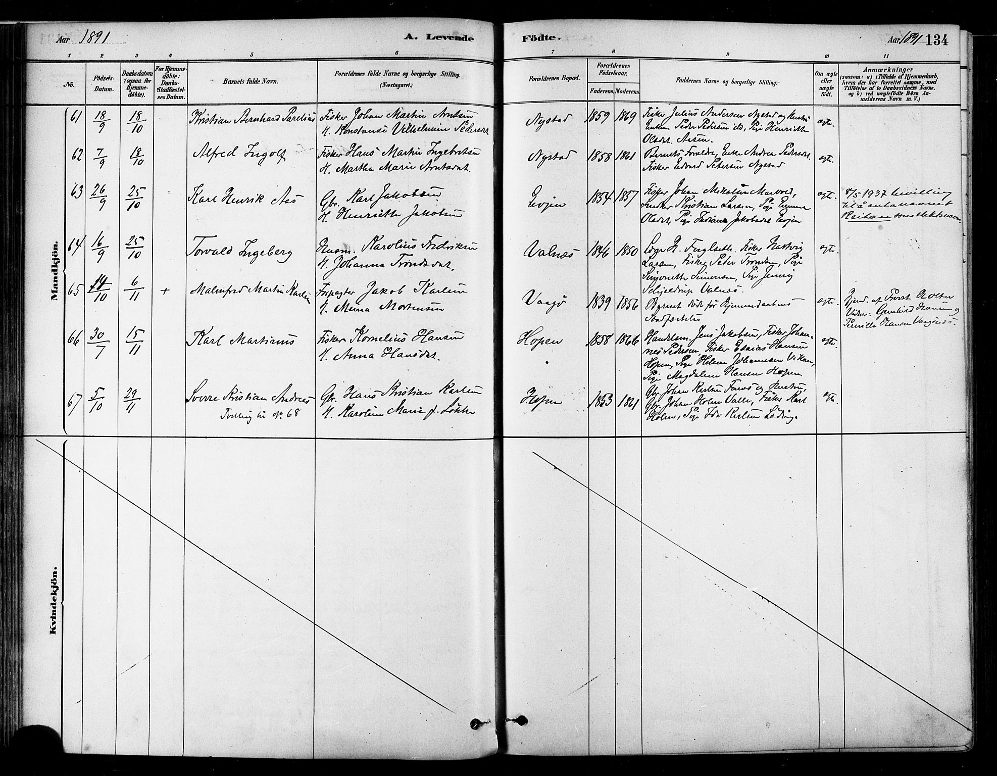 Ministerialprotokoller, klokkerbøker og fødselsregistre - Nordland, SAT/A-1459/802/L0054: Parish register (official) no. 802A01, 1879-1893, p. 134