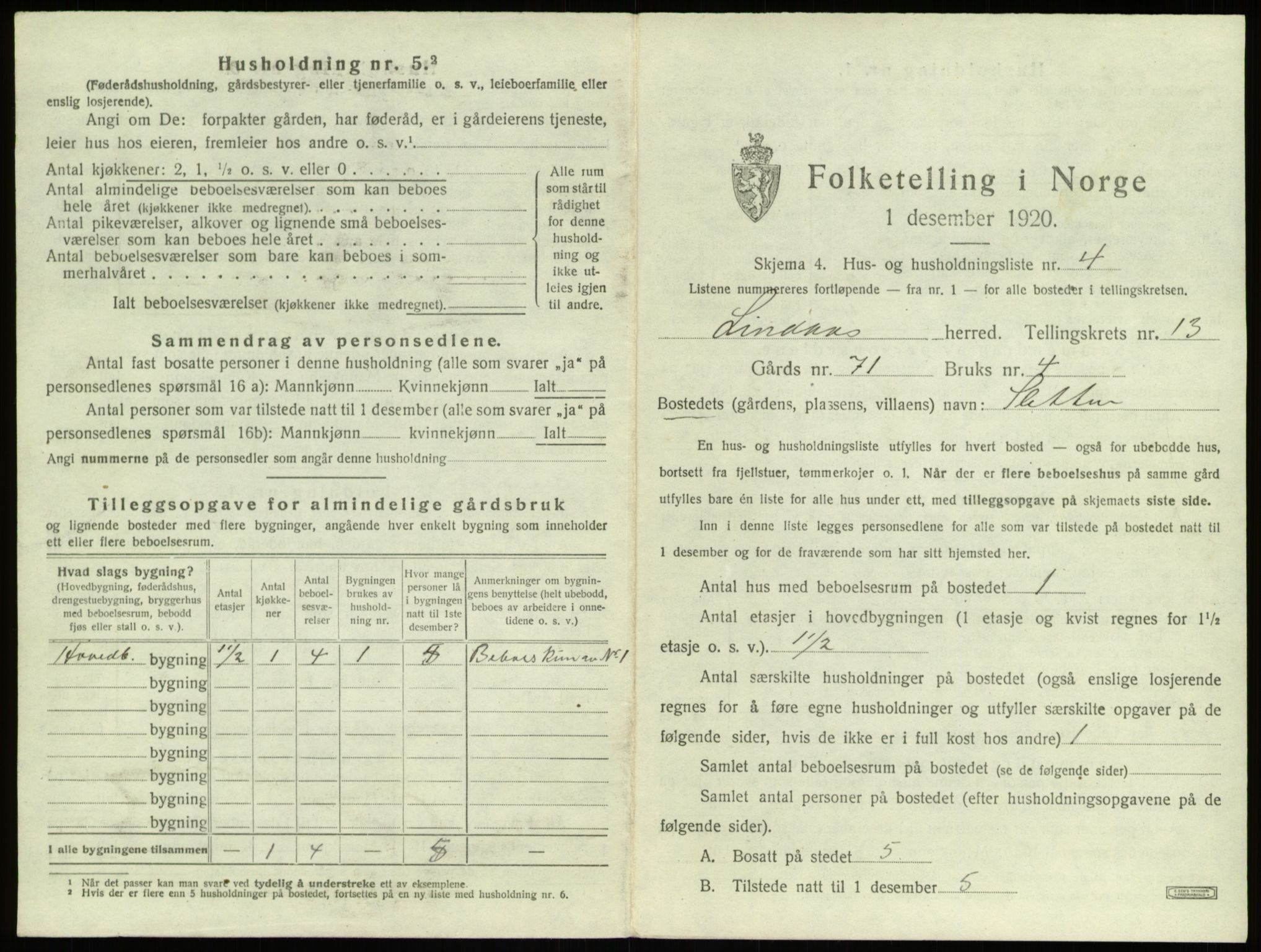 SAB, 1920 census for Lindås, 1920, p. 831