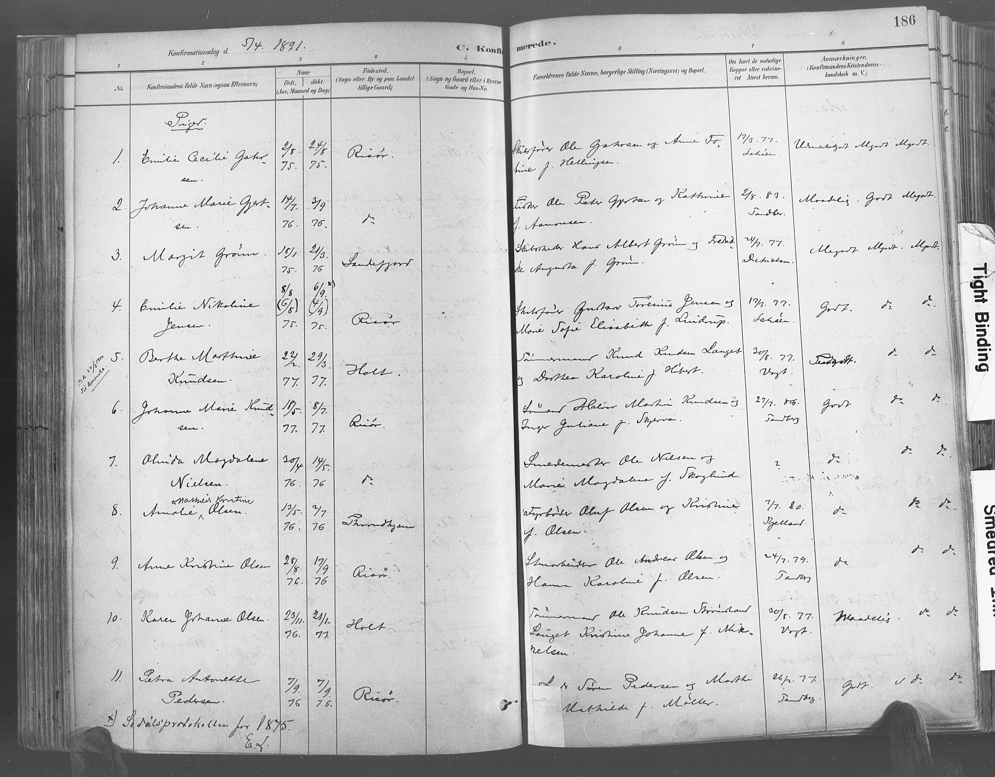 Risør sokneprestkontor, AV/SAK-1111-0035/F/Fa/L0005: Parish register (official) no. A 5, 1883-1895, p. 186