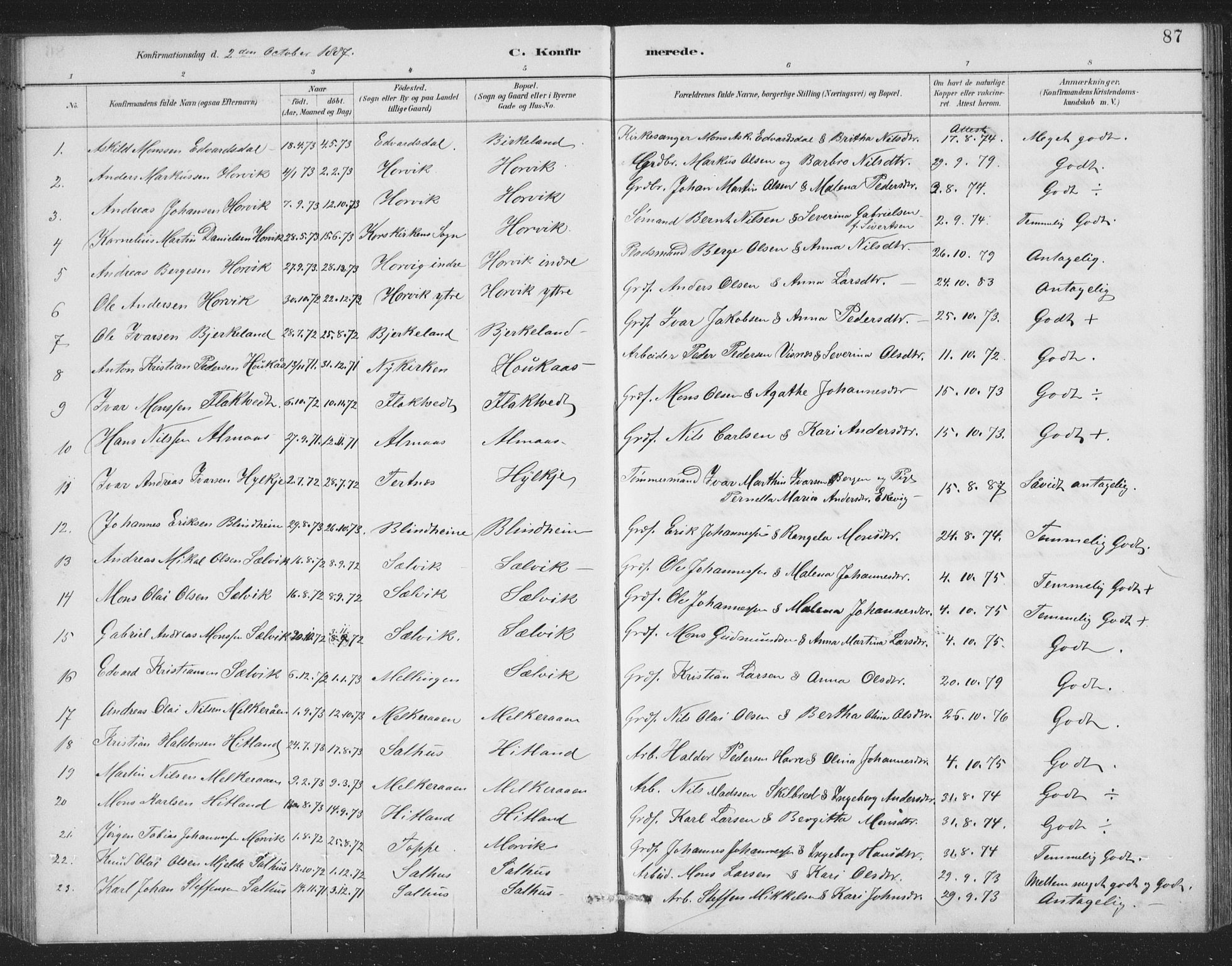 Åsane sokneprestembete, SAB/A-79401/H/Hab: Parish register (copy) no. A 2, 1885-1898, p. 87