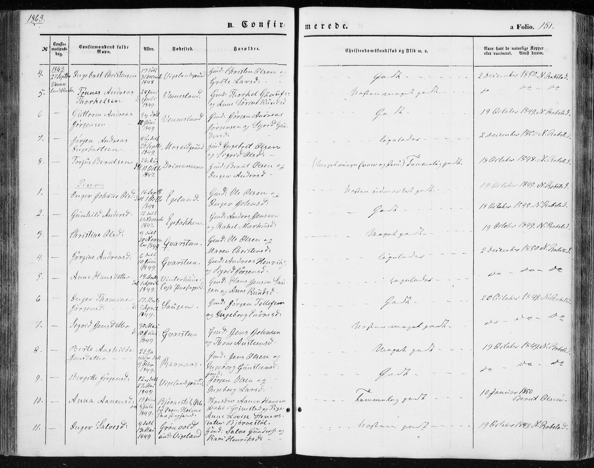 Vennesla sokneprestkontor, SAK/1111-0045/Fa/Fac/L0007: Parish register (official) no. A 7, 1855-1873, p. 151