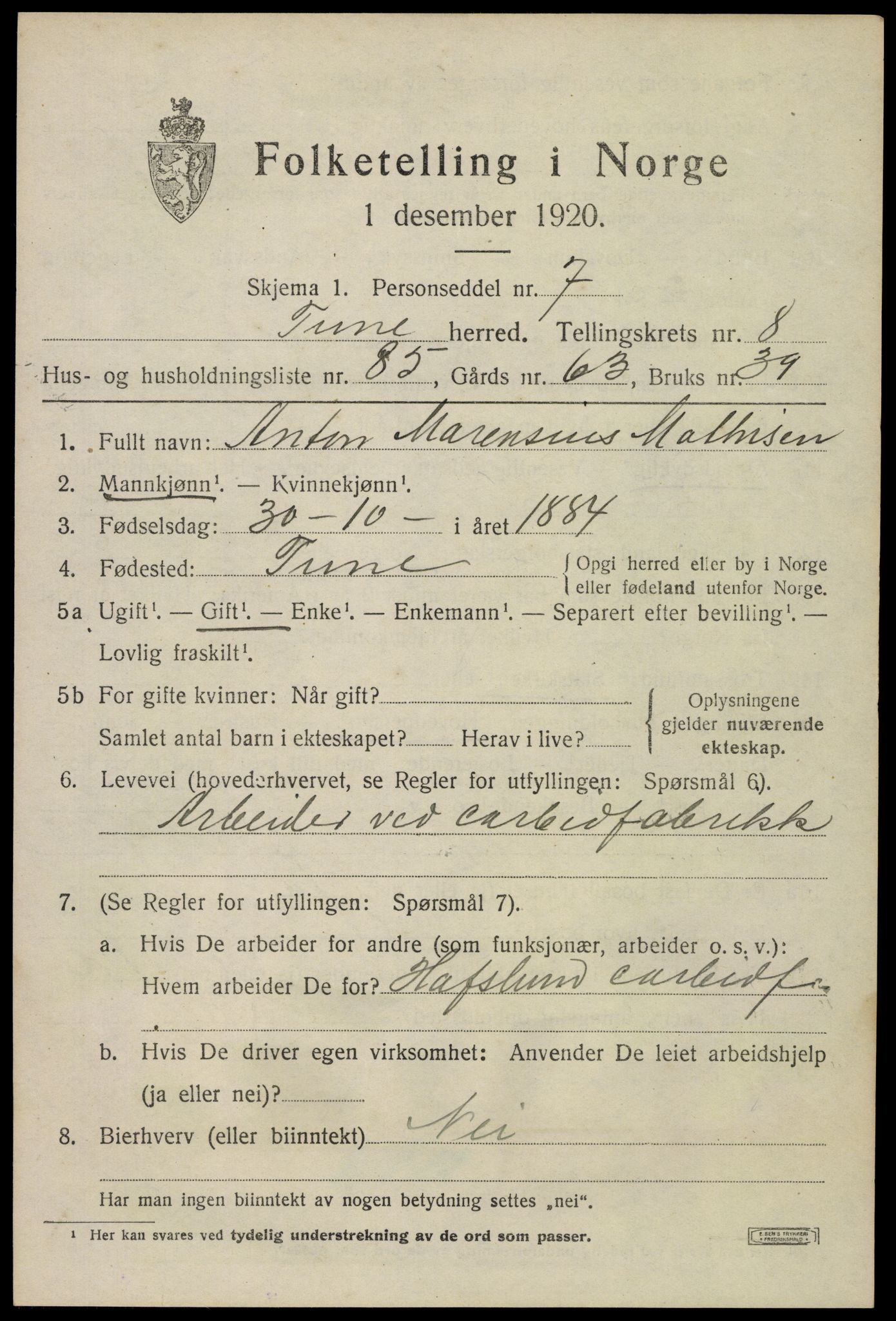 SAO, 1920 census for Tune, 1920, p. 8032