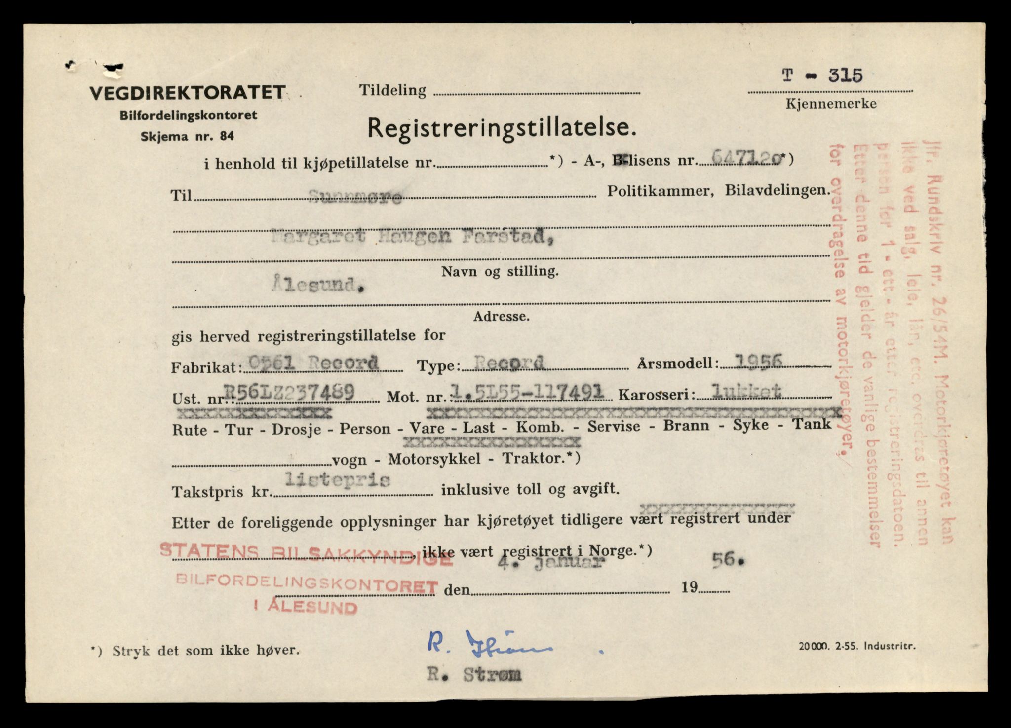 Møre og Romsdal vegkontor - Ålesund trafikkstasjon, SAT/A-4099/F/Fe/L0003: Registreringskort for kjøretøy T 232 - T 340, 1927-1998, p. 3026