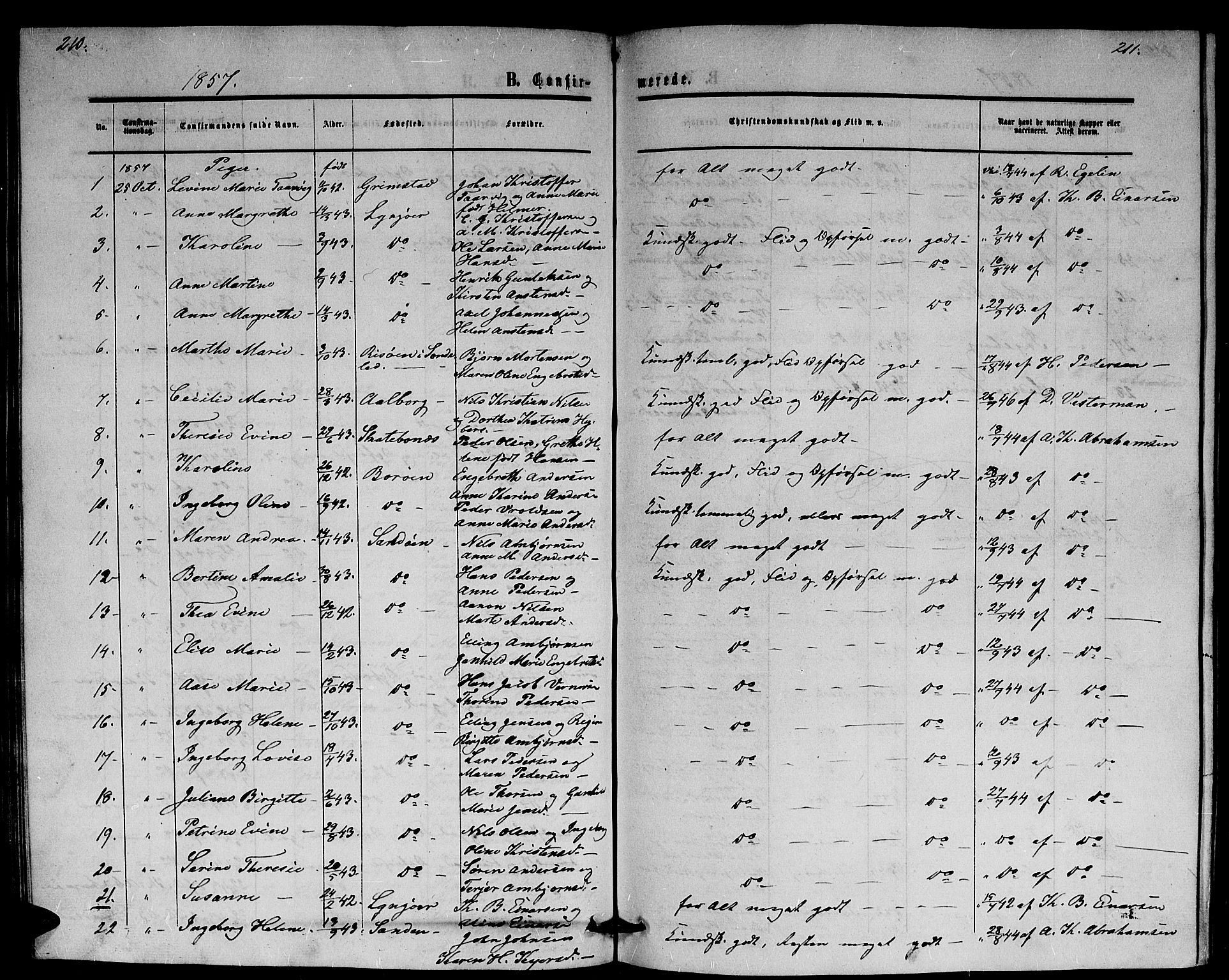 Dypvåg sokneprestkontor, AV/SAK-1111-0007/F/Fb/Fba/L0011: Parish register (copy) no. B 11, 1857-1872, p. 210-211