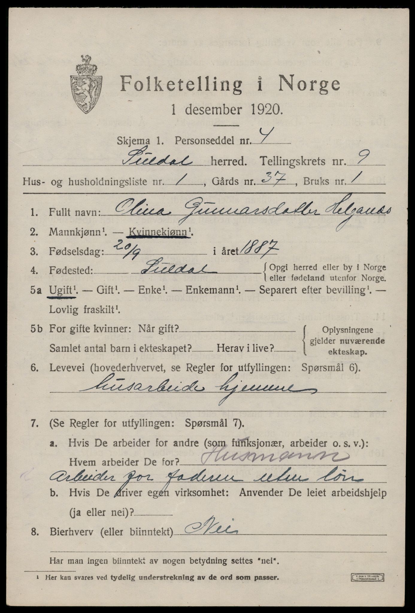 SAST, 1920 census for Suldal, 1920, p. 2152