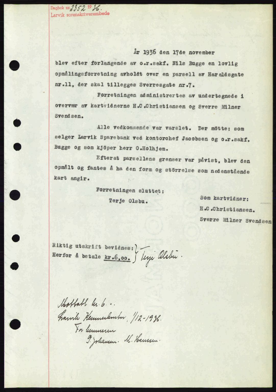 Larvik sorenskriveri, SAKO/A-83/G/Ga/Gab/L0067: Mortgage book no. A-1, 1936-1937, Diary no: : 2352/1936